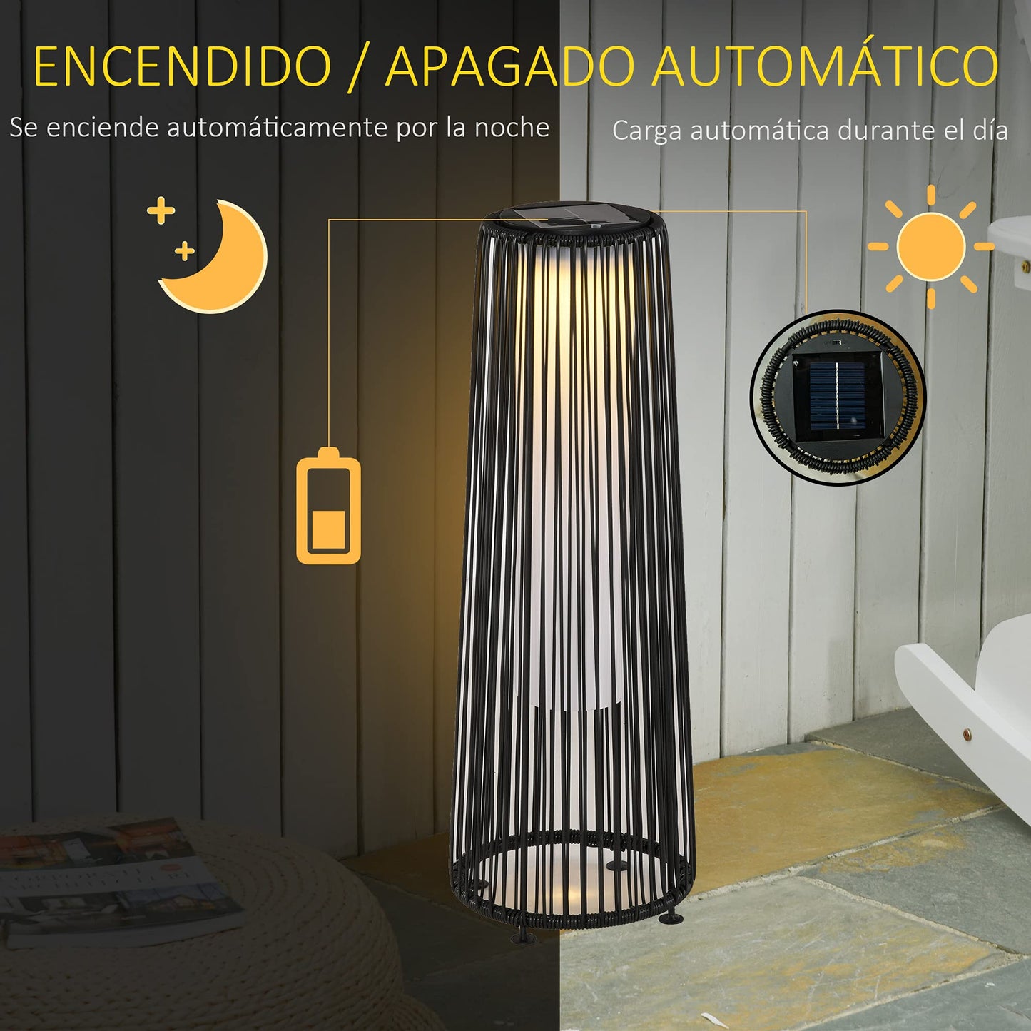 Outsunny Lámpara de Pie de Mimbre Ratán de Energía Solar con LED 0,8 W Interruptor de Control de Luz Automático Decoración para Exterior Ø21,5x61 cm Marrón