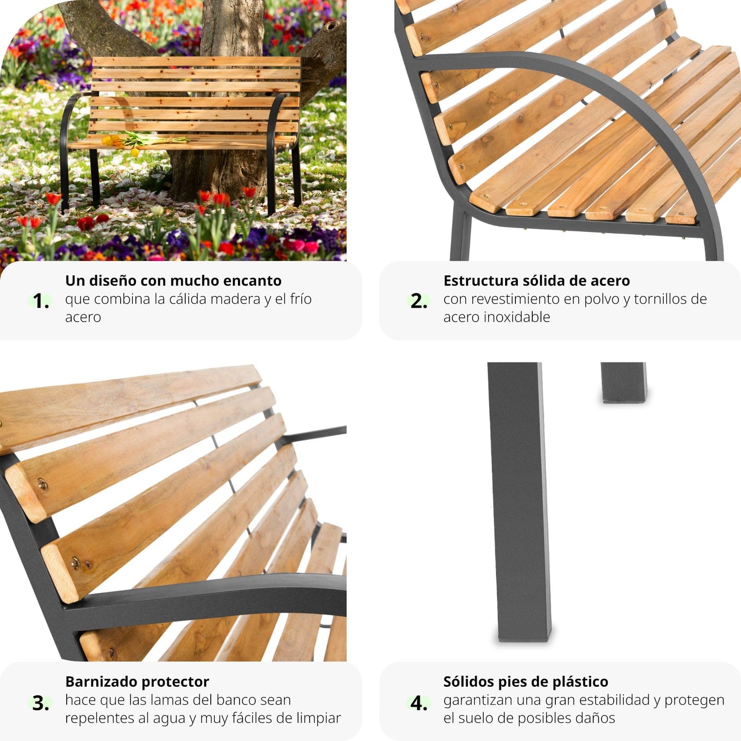 TecTake® Banco de Jardín Exterior, Madera Lacada y Hierro Fundido, Diseño Elegante, Resistente y Estable, Patio y Terraza - Tradicional