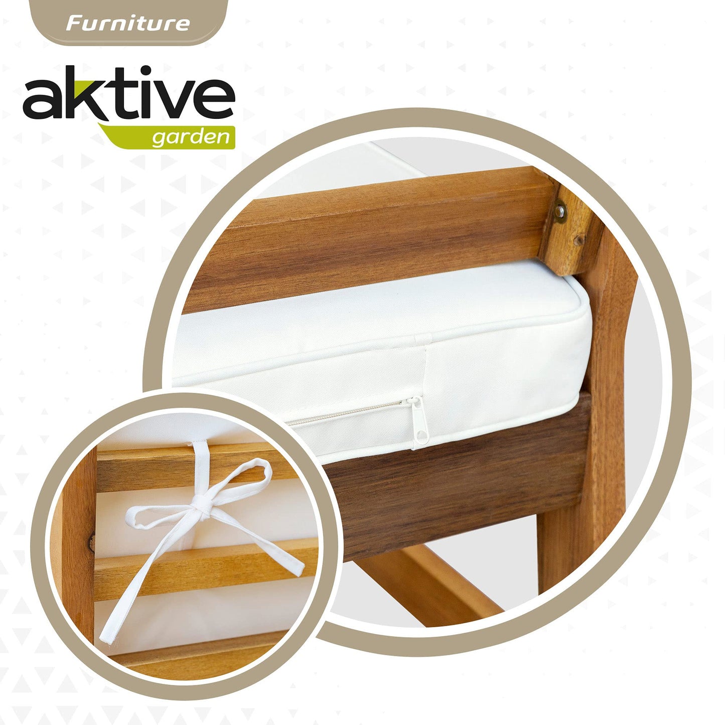 Aktive 61001 - Conjunto muebles de jardín, Conjunto muebles de madera, Muebles jardín, 1 mesa, 2 sillas, 1 banco, cojines color beige, Madera de acacia