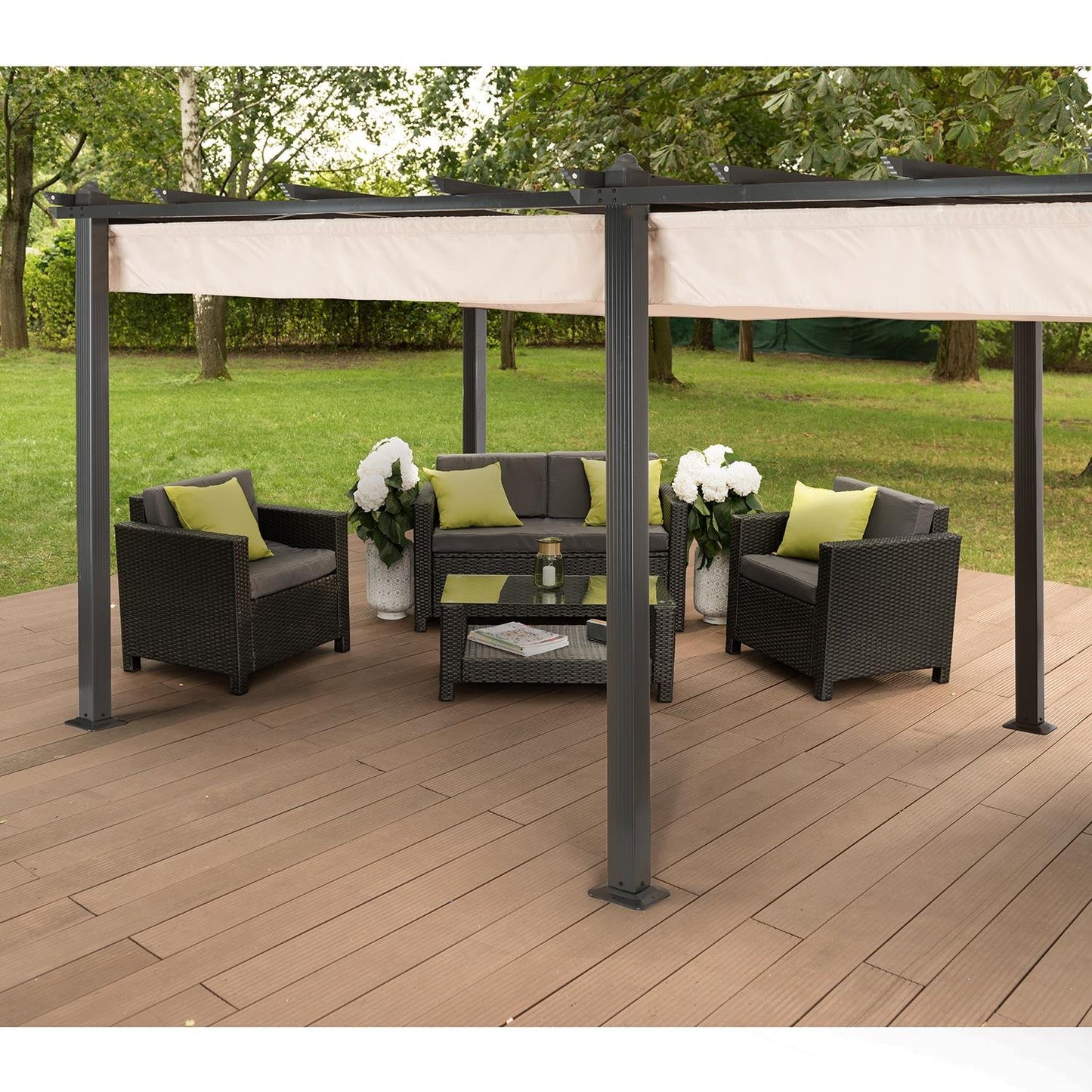 Blumfeldt Pantheon Pergola Awnings Pérgola de Jardín, Carpa 2,95x5,95 m, Techo Impermeable y Retráctil de Poliéster Exterior, Cenador Marco Aluminio, Protección UV, Pergolas de Jardin Gris Oscuro