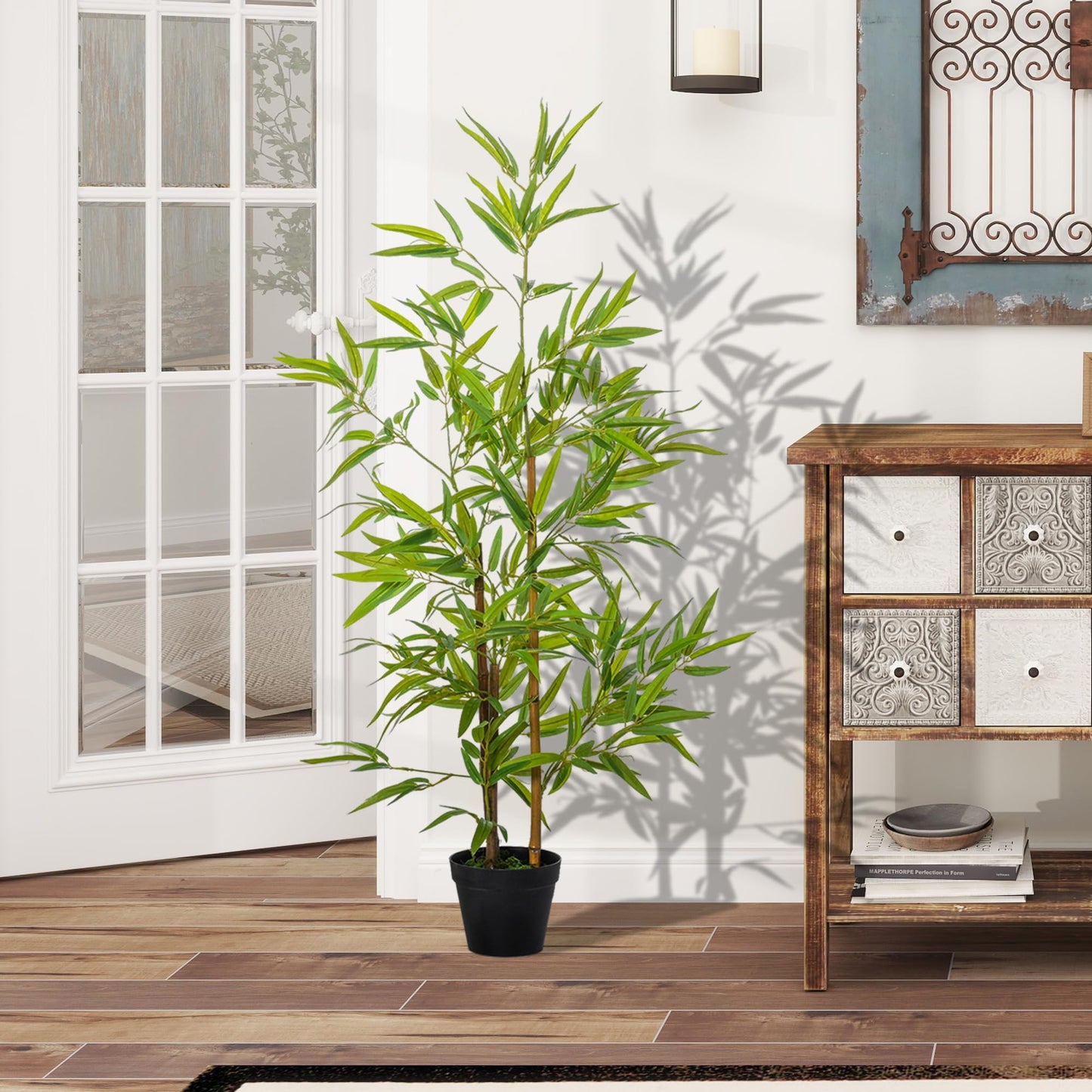 Outsunny Planta Artificial de Bambú 120 cm Árbol Artificial en Maceta Decorativa para Interior Exterior Hogar Salón Oficina Ø15,5x120 cm Verde