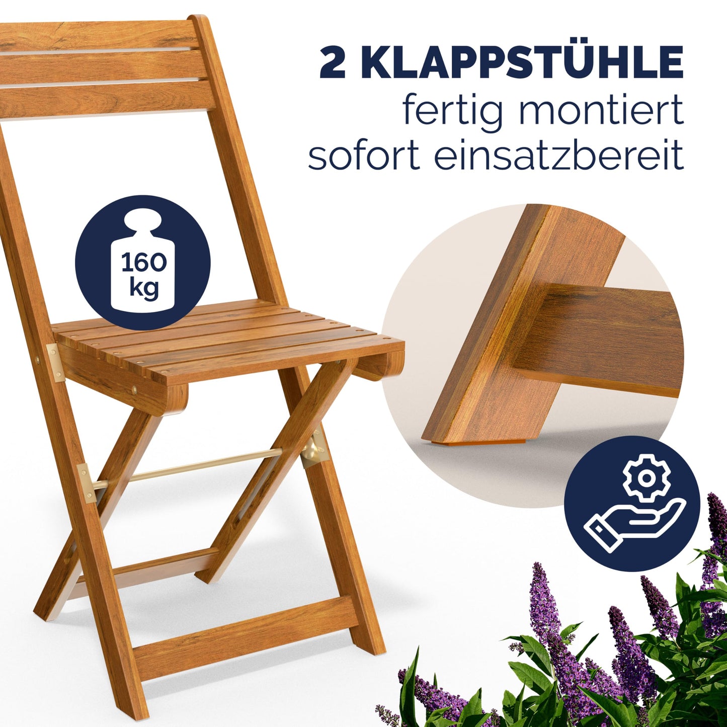 CASARIA® Set Muebles de Balcón 3 Pzs Mesa 2 Sillas Plegables Juego Completo Jardín Terraza Madera Acacia