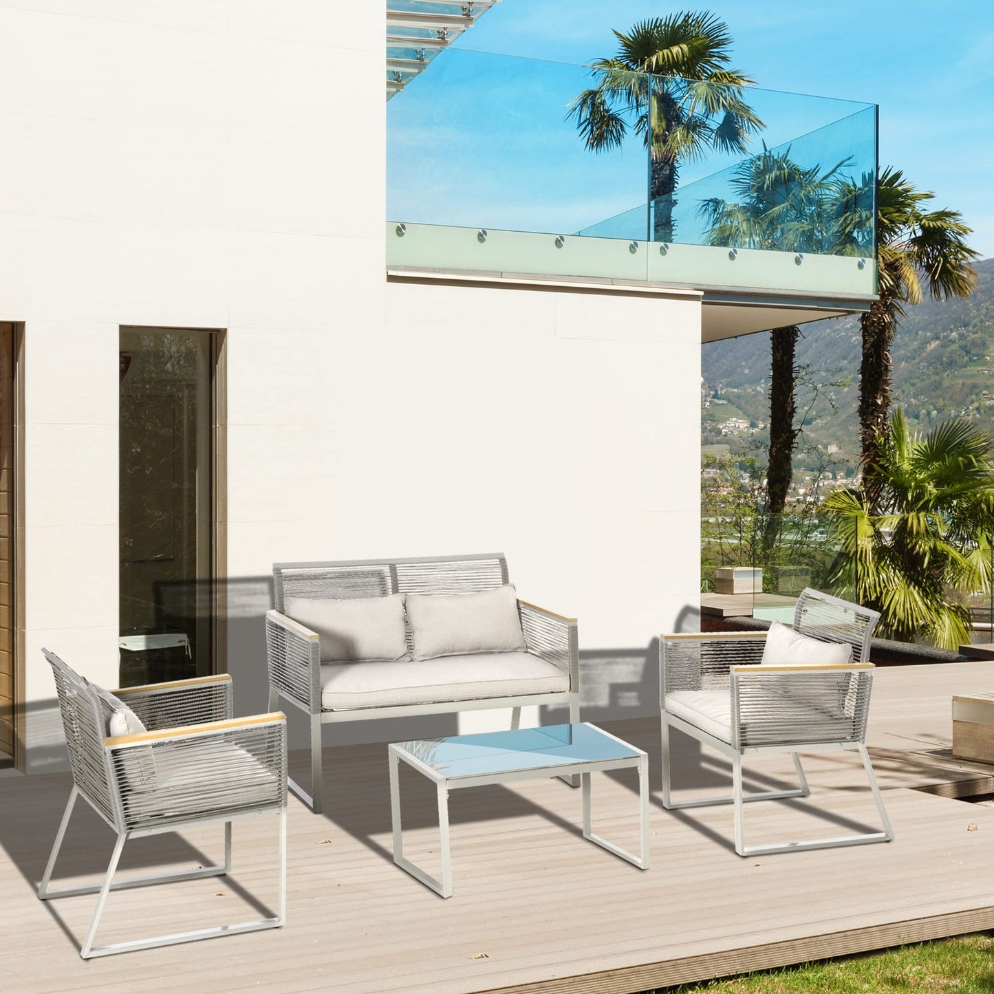 Outsunny Conjunto de Muebles de Jardín de Ratán 4 Piezas Sofá Doble 2 Sillones Individuales y Mesa de Café de Vidrio con Cojines Desenfundables para Exterior Terraza Gris