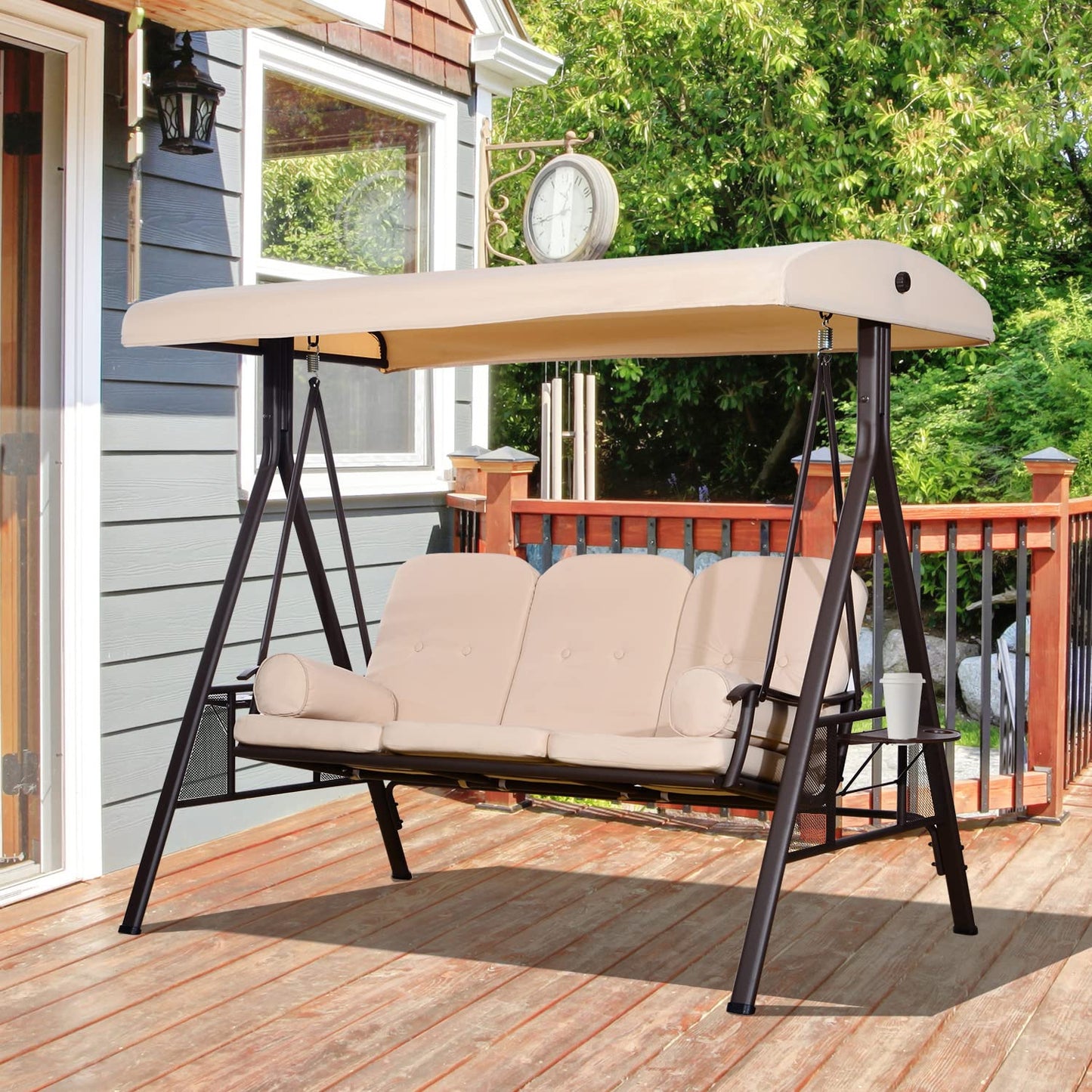 Outsunny Columpio Balancín de Jardín de 3 Plazas con Techo Parasol 2 Cojines Bandeja para Bebidas y Marco de Metal para Terraza Balcón Exterior Carga MAX. 360 kg 207x120,5x174 cm Beige