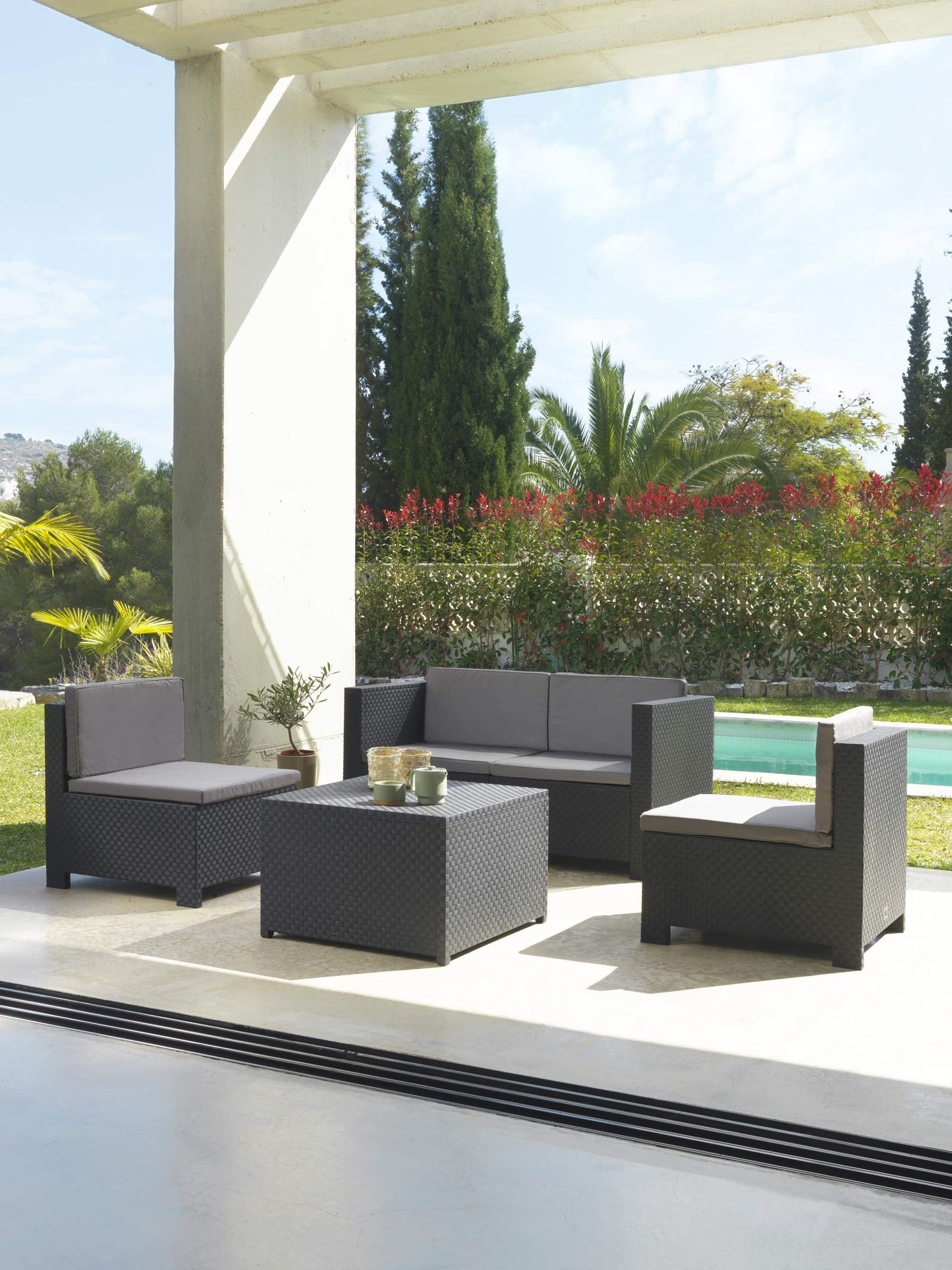 Shaf - Verona | Set Muebles de Salon Exterior Modular - Conjunto Muebles Jardin Exterior 4 Plazas | Fabricado en España con Materiales Reciclados - Color Grafito