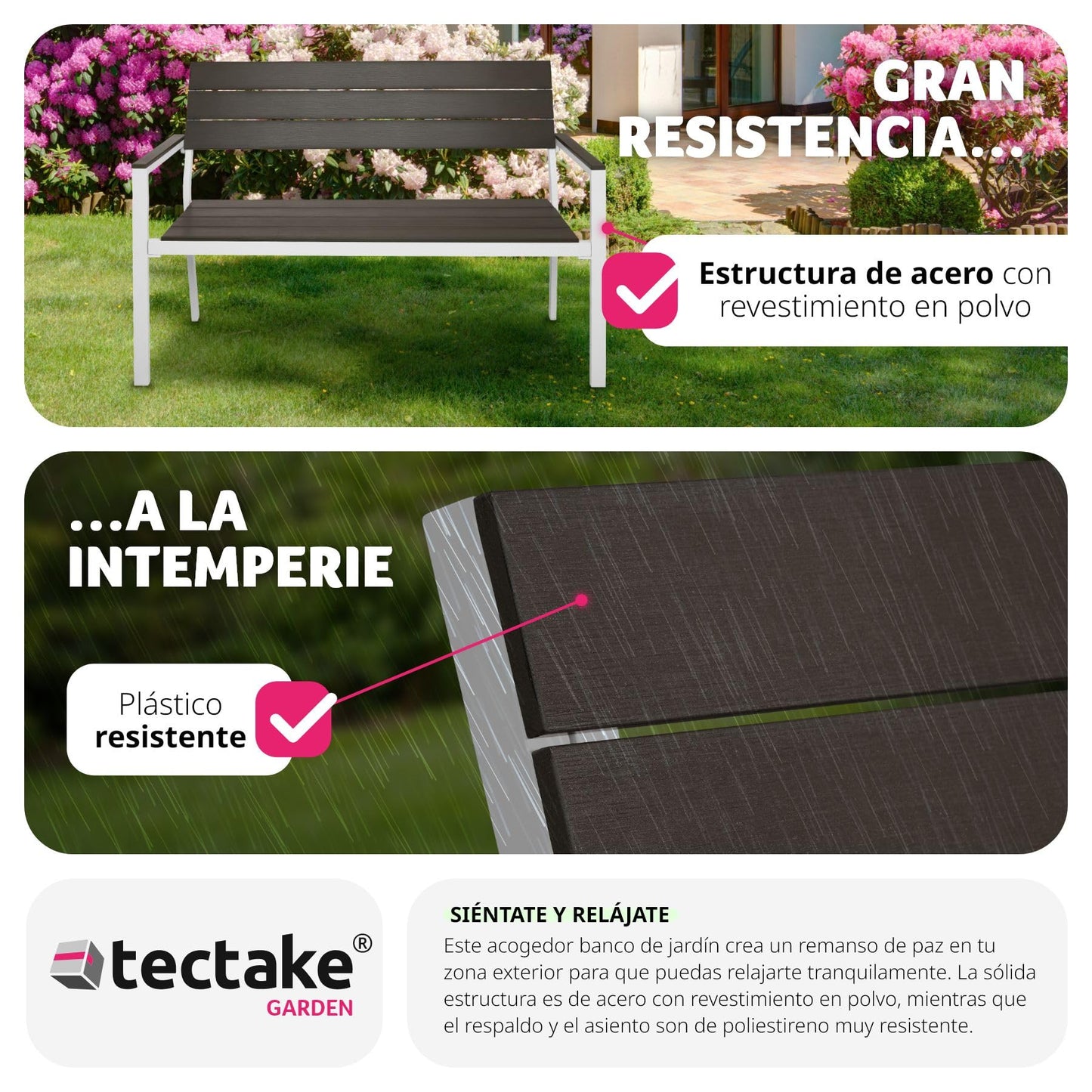 TecTake® Banco de Jardín Moderno para Dos Personas, Estructura de Aluminio Resistente, Banco Jardin, Asiento de Poliestireno Efecto Madera, Ideal para Patio y Terraza Exterior - Oscuro/Blanco