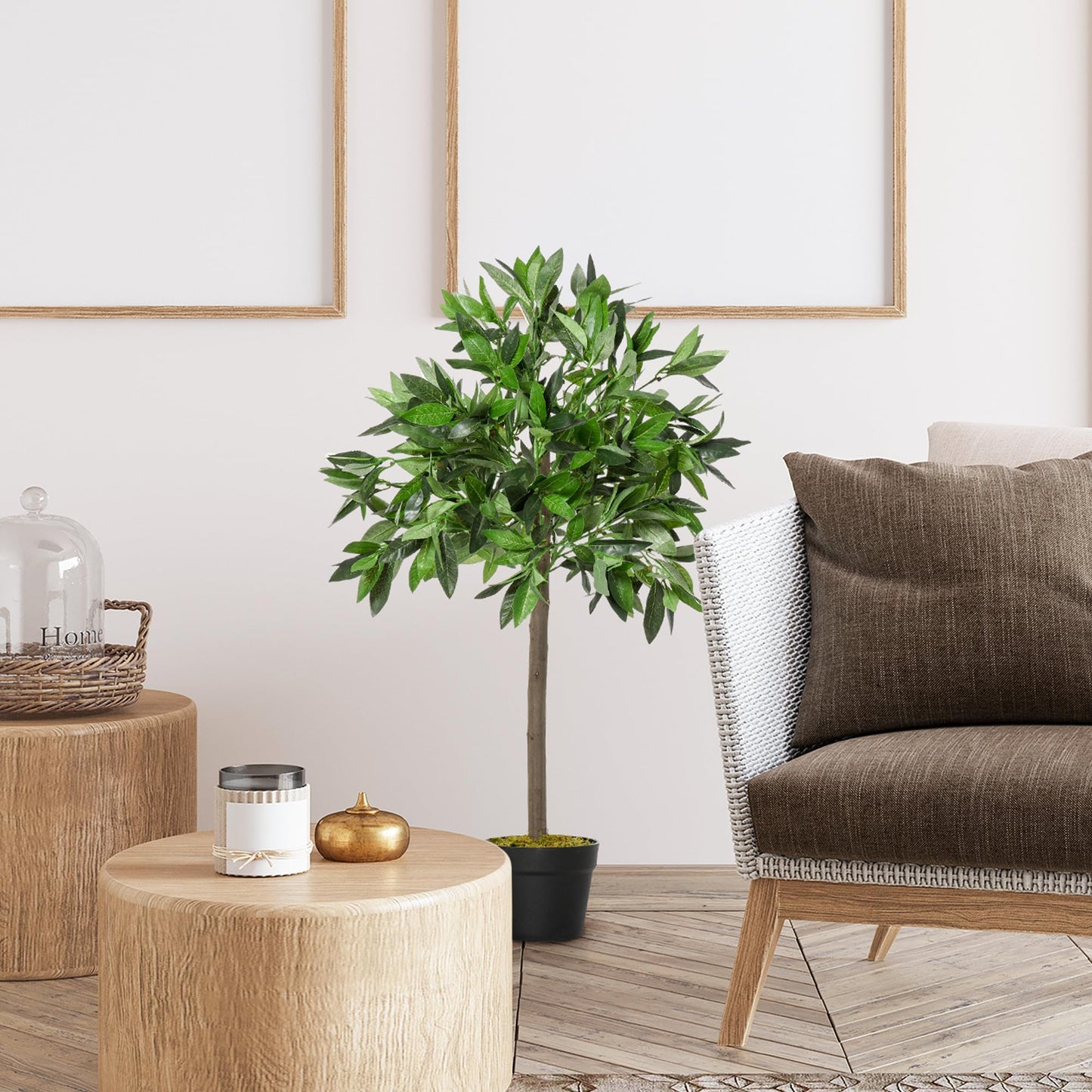 Outsunny 2 Plantas Artificiales de 90 cm de Altura Árboles de Laurel Decorativos con Maceta para Hogar Salón Uso en Interiores Verde