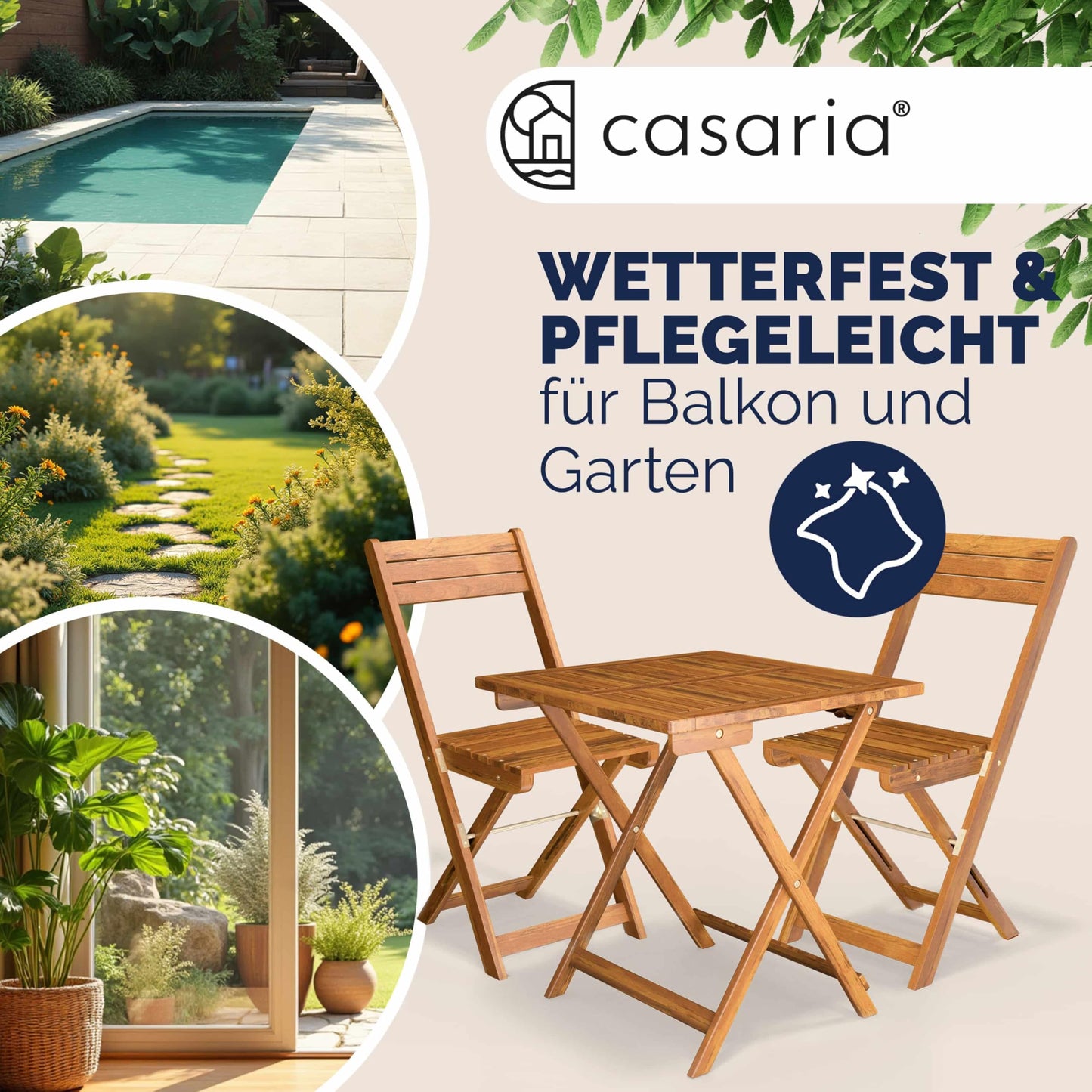 CASARIA® Set Muebles de Balcón 3 Pzs Mesa 2 Sillas Plegables Juego Completo Jardín Terraza Madera Acacia