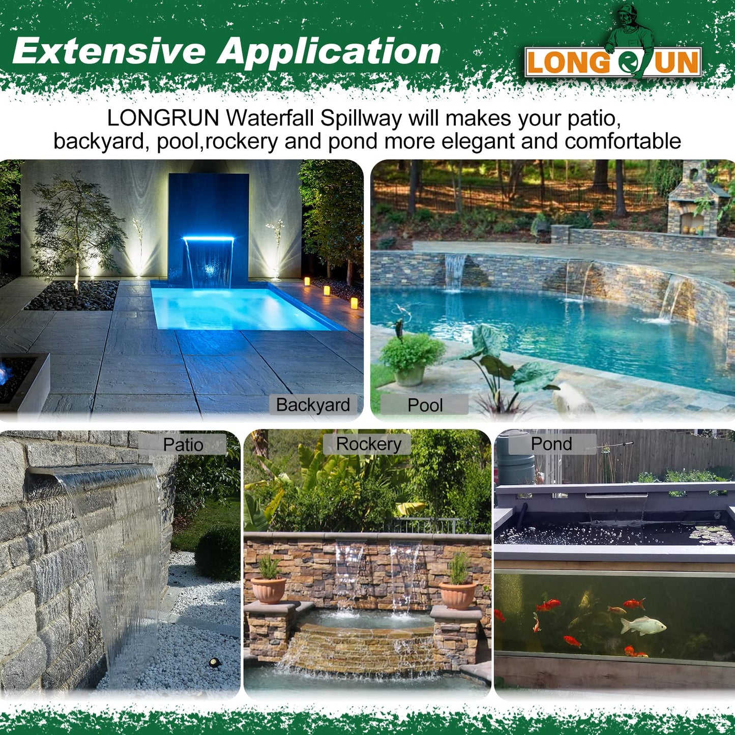 LONGRUN Aliviadero de Cascada en Forma de S Fuente de Piscina acrílica con luz LED Que Cambia de Color, Kit de cascadas de estanques al Aire Libre para Piscina de Patio de jardín - 15x32x20cm