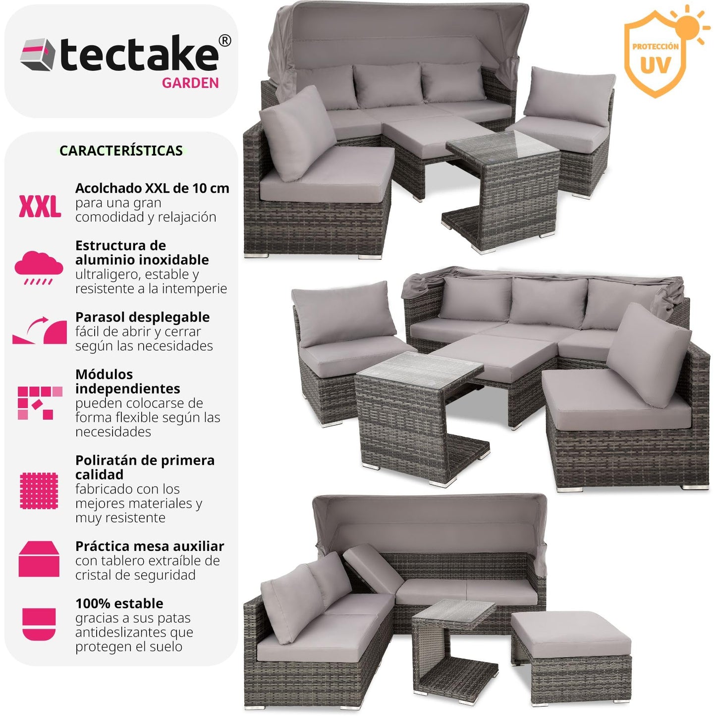 TecTake® Conjunto Jardín de Ratán con Cojines Grosor 10 cm, Muebles Jardín Exterior 2 Sofás, 2 Sillones, 1 Taburete, Conjunto Terraza Resistente a la Intemperie, Respaldo Ajustable, Sin Montaje - Gris