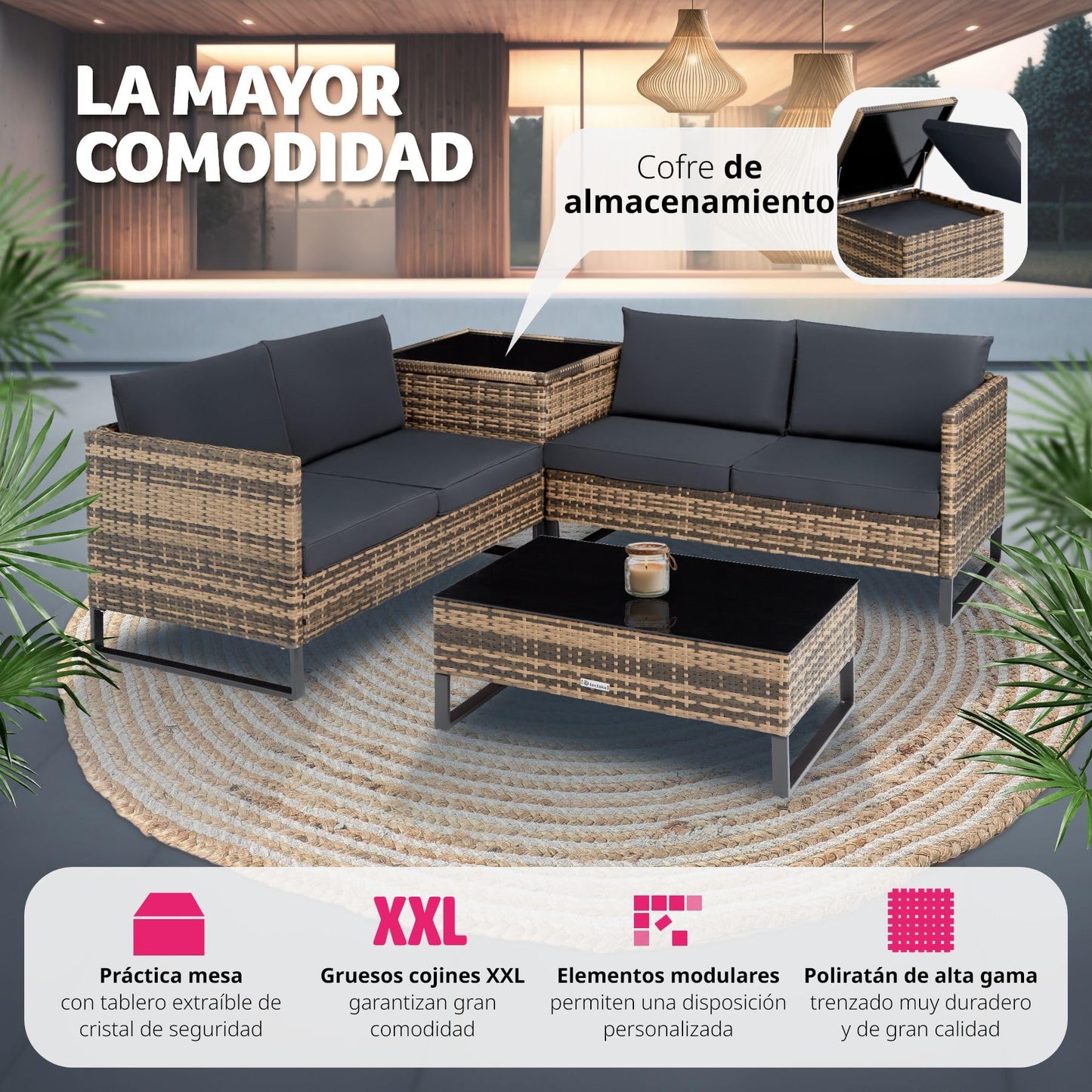 tectake® Conjunto Jardín de Ratán con Cojines Gruesos, Muebles Jardín Exterior 2 Sofás, 1 Mesa Cristal, 1 Caja Almacenamiento, Conjunto Terraza Resistente a la Intemperie, Estructura Acero - natural