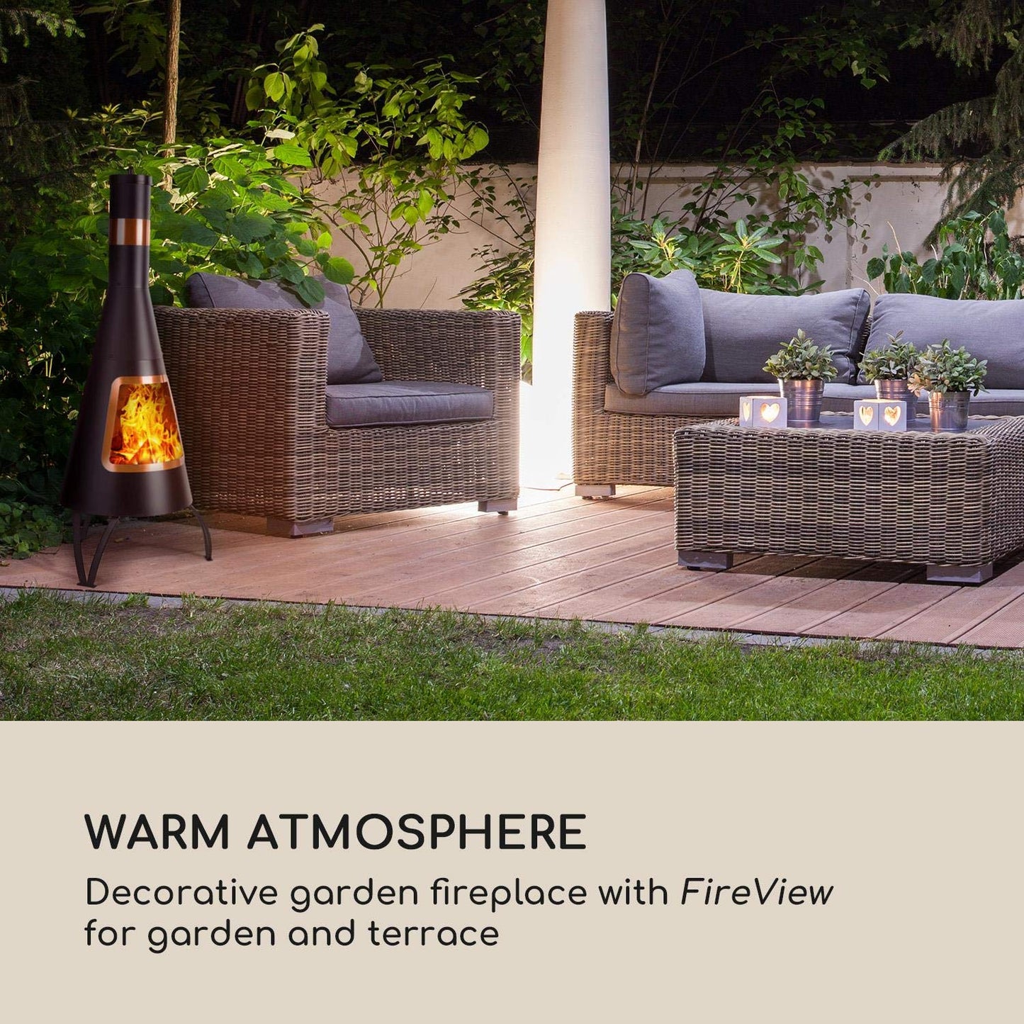 blumfeldt Volantis Cupric - Chimenea de Patio, Horno de terraza, FireView, Acero, Inoxidable, Diseño Moderno con Partes en Cobre, Estable, Antivuelco, Parrila para carbón y atizador, Negro