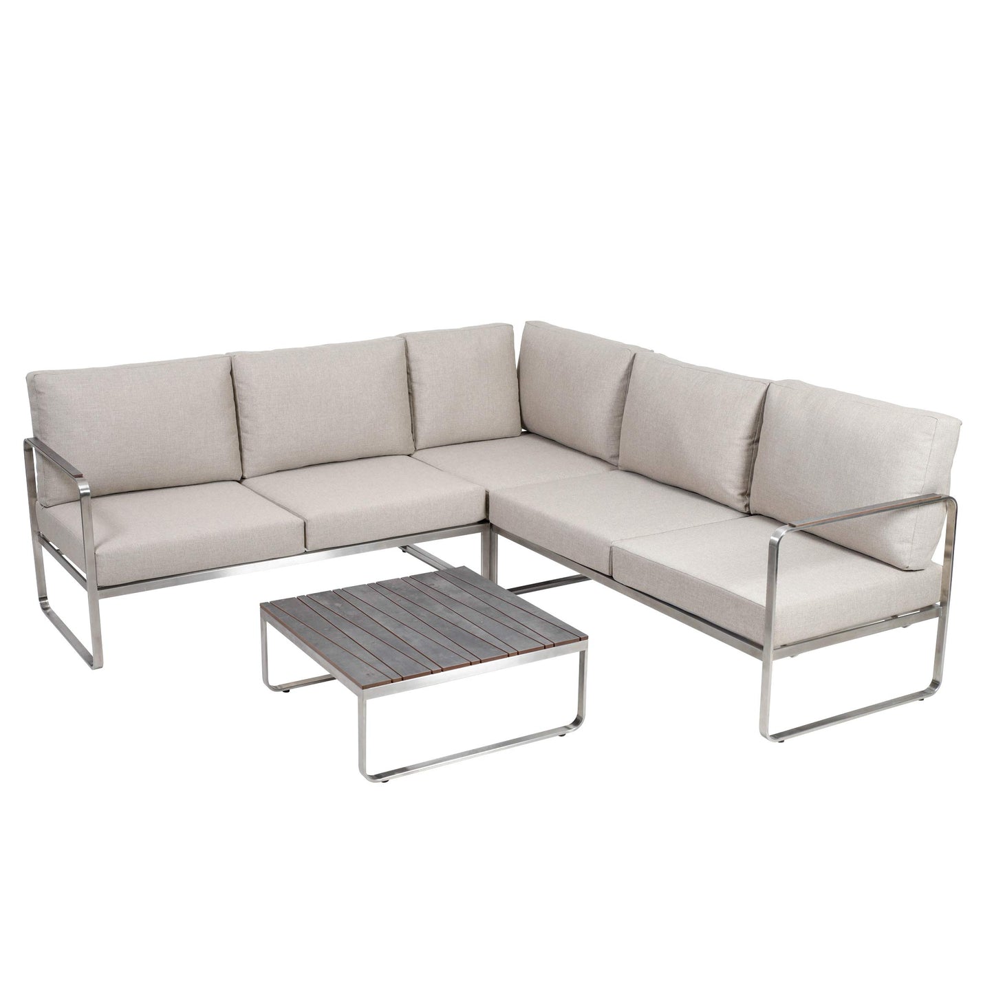 Greemotion Conjunto Muebles de Jardín Sydney 4 Piezas, Juego de Sofá Esquinero de Acero Inoxidable Cepillado para 5 Personas con Mesa, Cojines Incluidos, Plateado