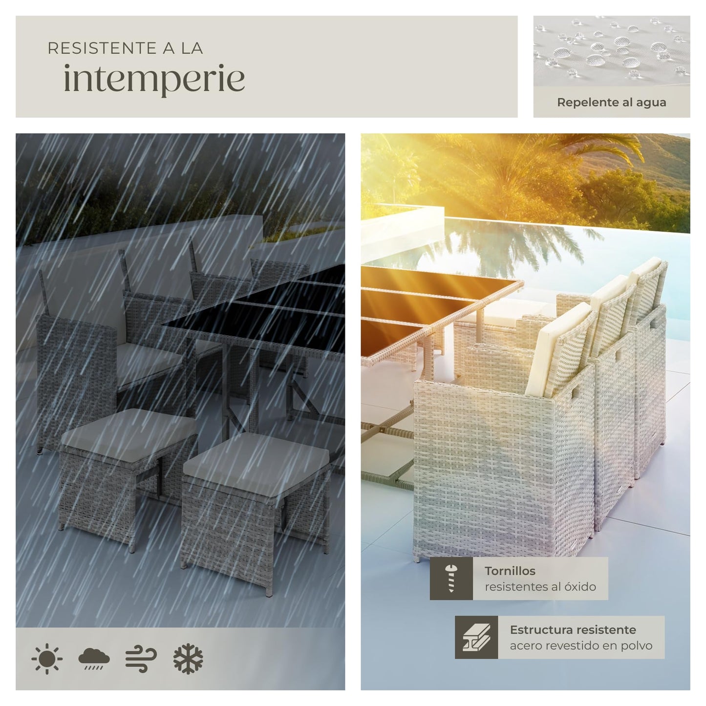 TecTake® Conjunto Jardín Exterior de Ratán y Acero, Agrupable en Cubo, Muebles Jardín Exterior Resistente a la Intemperie, para 6-10 Personas, Fundas Extraíbles y Funda Protectora - Gris Claro