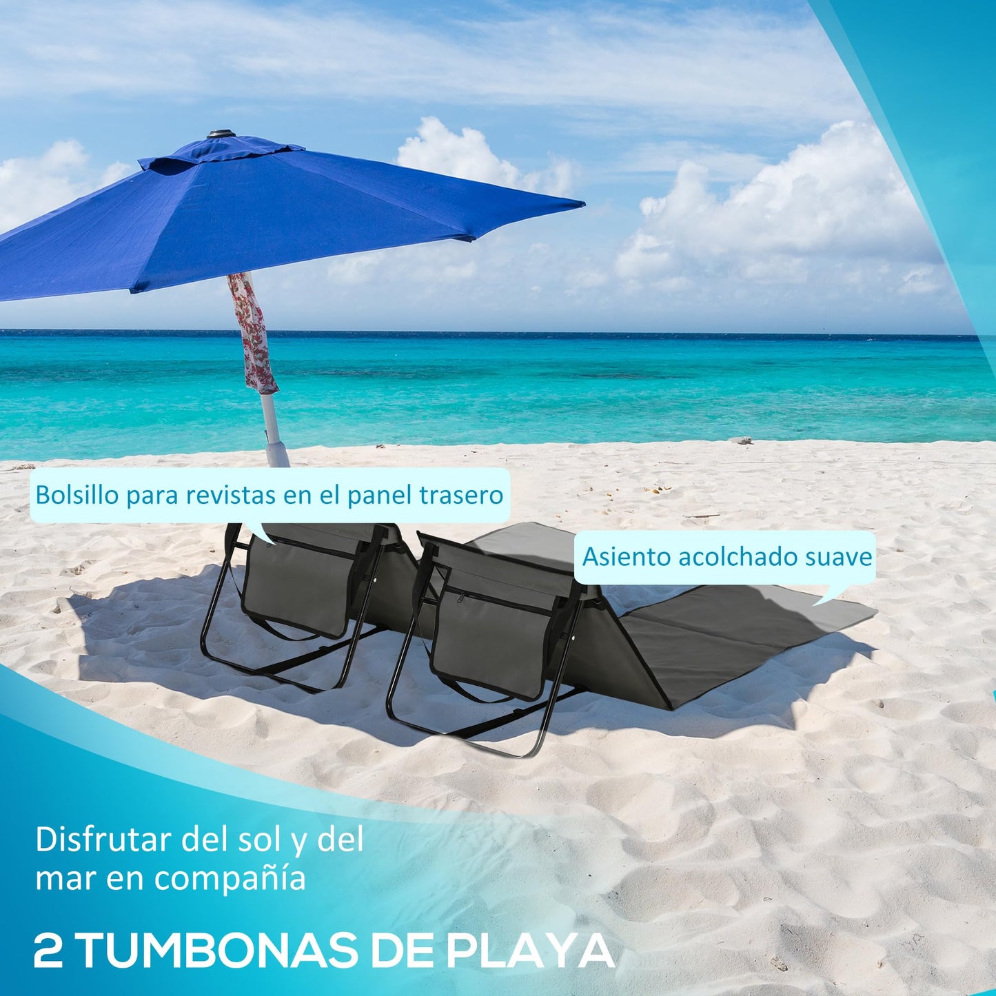 Outsunny Conjunto de 2 Esterillas de Playa Plegable Esteras Acolchadas con Respaldo Reclinable y Bolsa de Transporte para Jardín 142x51x40 cm Gris