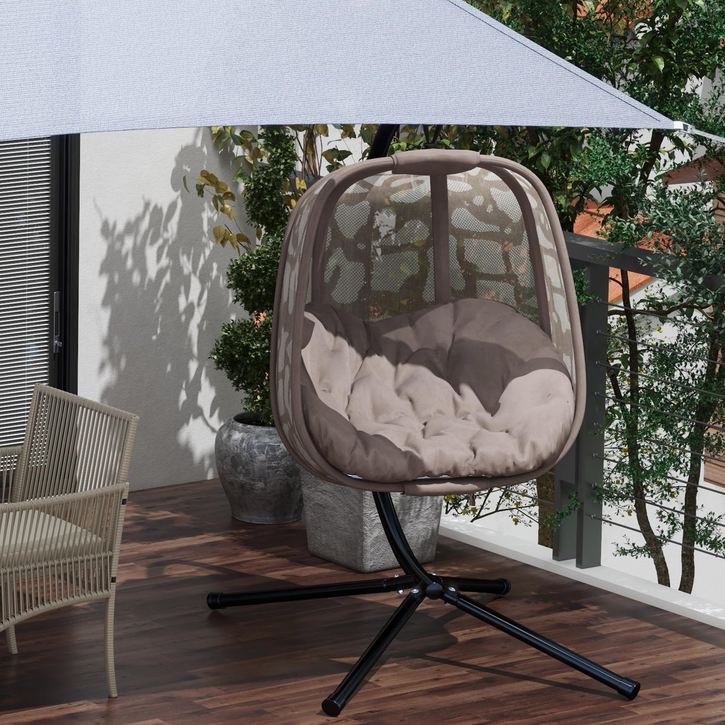 Outsunny Silla Colgante con Soporte de Acero Sillón Colgante Hamaca con Cesta Plegable y Cojines para Interiores y Exterior Carga 120 kg 126x96x172 cm Marrón