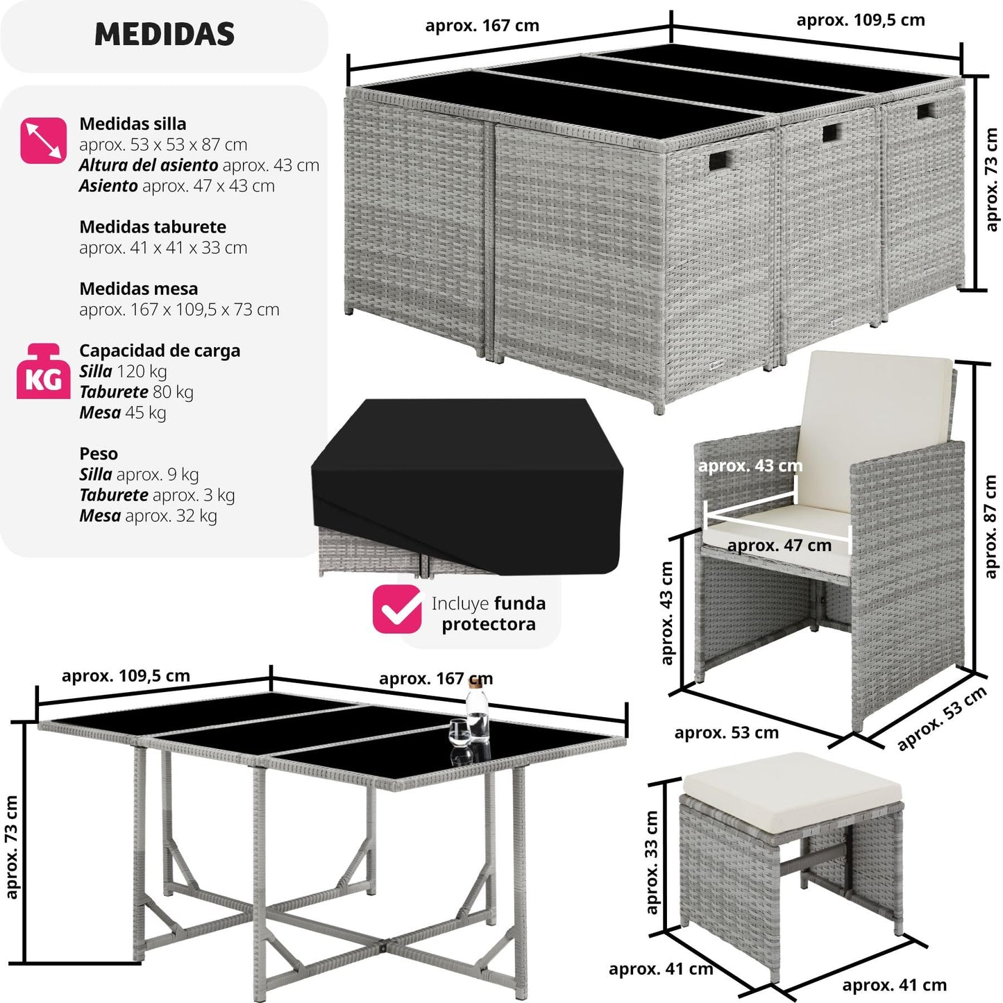 TecTake® Conjunto Jardín Exterior de Ratán y Acero, Agrupable en Cubo, Muebles Jardín Exterior Resistente a la Intemperie, para 6-10 Personas, Fundas Extraíbles y Funda Protectora - Gris Claro