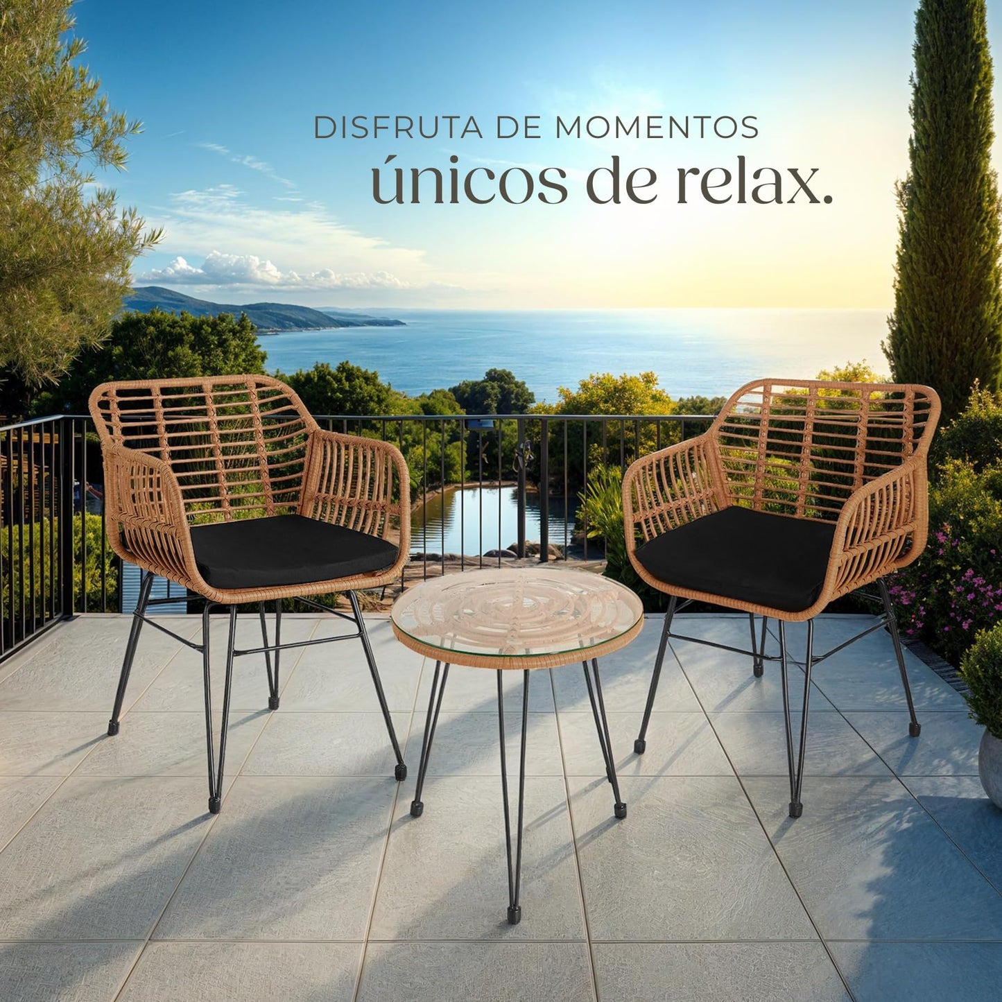 TecTake® Conjunto Jardín Exterior de Ratán y Acero para 2 Personas, Muebles Jardín Exterior Resistentes a Intemperie, 2 Sillas con Cojines (Fundas Extraíbles), 1 Mesa con Cristal - Natural
