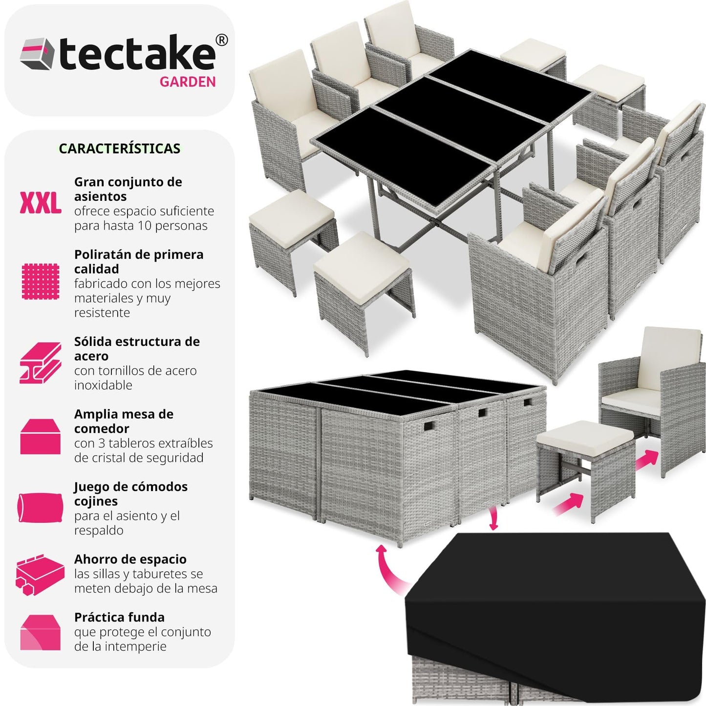 TecTake® Conjunto Jardín Exterior de Ratán y Acero, Agrupable en Cubo, Muebles Jardín Exterior Resistente a la Intemperie, para 6-10 Personas, Fundas Extraíbles y Funda Protectora - Gris Claro