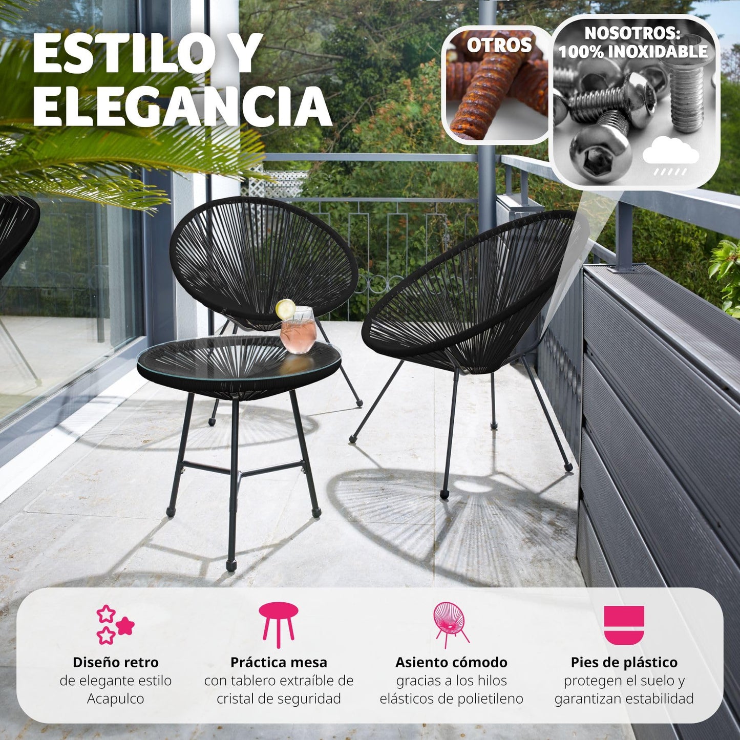 tectake® Conjunto Muebles Jardín Exterior de Acero, Estilo Acapulco, 2 Sillas y 1 Mesa con Cristal, Mesa y Sillas de Terraza Resistentes a Intemperie,Topes en Patas, para Interior y Exterior - negro