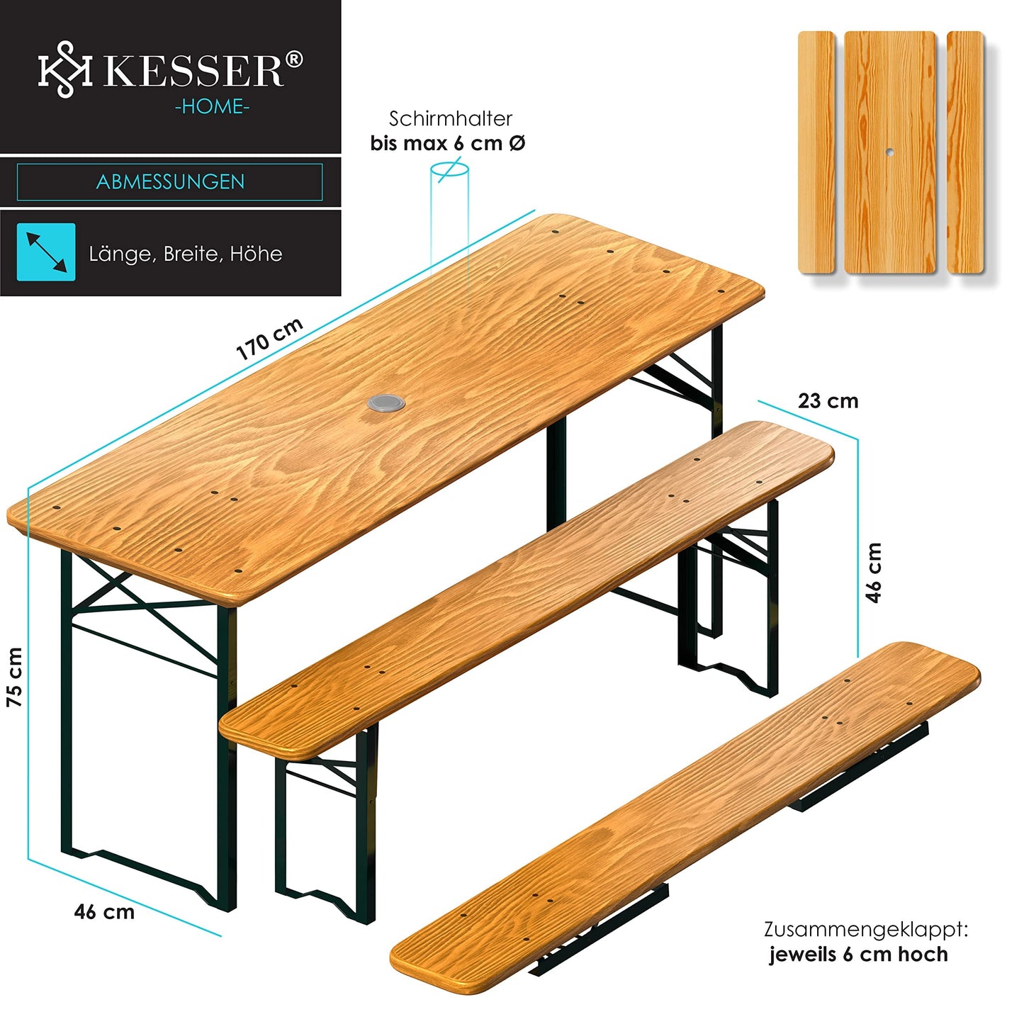 KESSER® Juego de Mesa de jardín de Cerveza Juego de Muebles de jardín de 3 Piezas | Plegable 170 x 46 x 75 cm | 2 Bancos de Cerveza, 1 Mesa de Cerveza