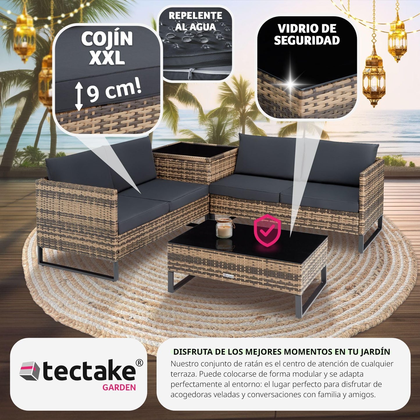 tectake® Conjunto Jardín de Ratán con Cojines Gruesos, Muebles Jardín Exterior 2 Sofás, 1 Mesa Cristal, 1 Caja Almacenamiento, Conjunto Terraza Resistente a la Intemperie, Estructura Acero - natural