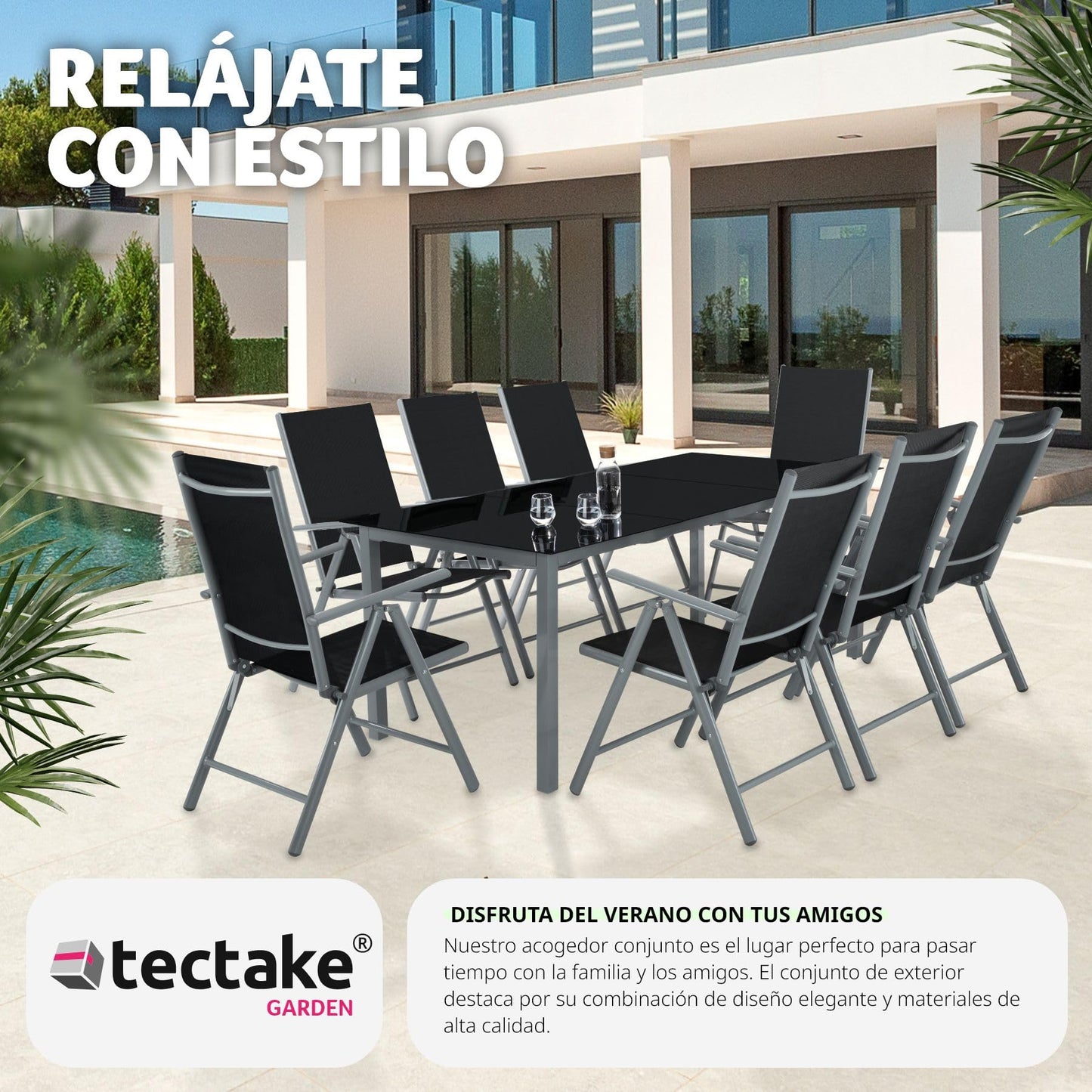 TecTake® Conjunto Muebles Jardín Exterior 9 Piezas, Estructura de Aluminio, Mesa y Sillas Terraza Impermeables, Resistentes a Intemperie, Sillas Plegables y Reclinables, Tela Transpirable - Plata