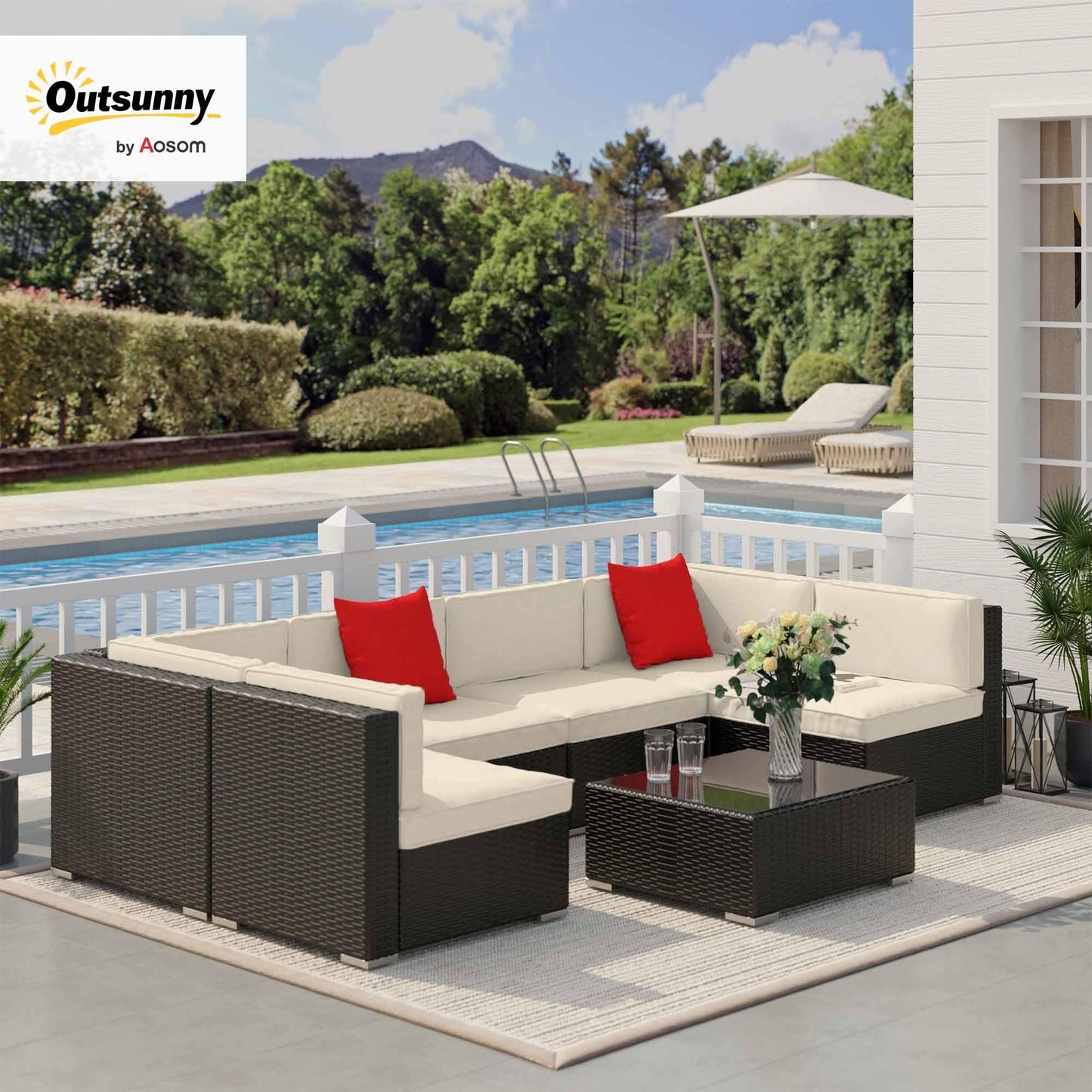 Outsunny Conjunto Muebles de Jardín Ratán 7 Piezas Set de Sofás Patio con 1 Mesita Almohada y Cojín Incluido Marco Acero Resistente Intemperie UV para Exterior Marrón