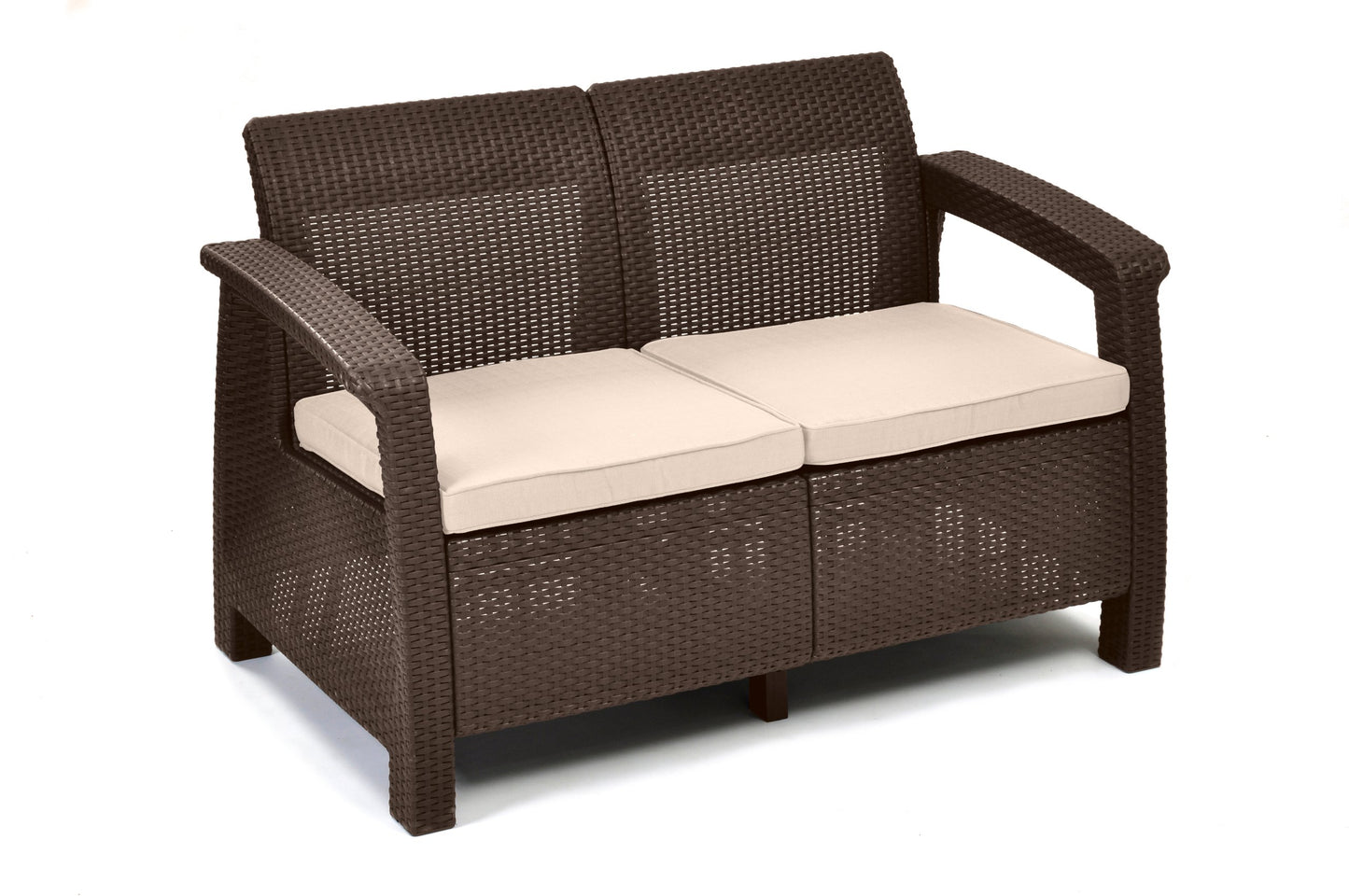 Keter Corfu Conjunto de jardín Exterior 4 plazas y Mesa con Cojines incluidos, Resina con Acabado ratán Plano, Marrón