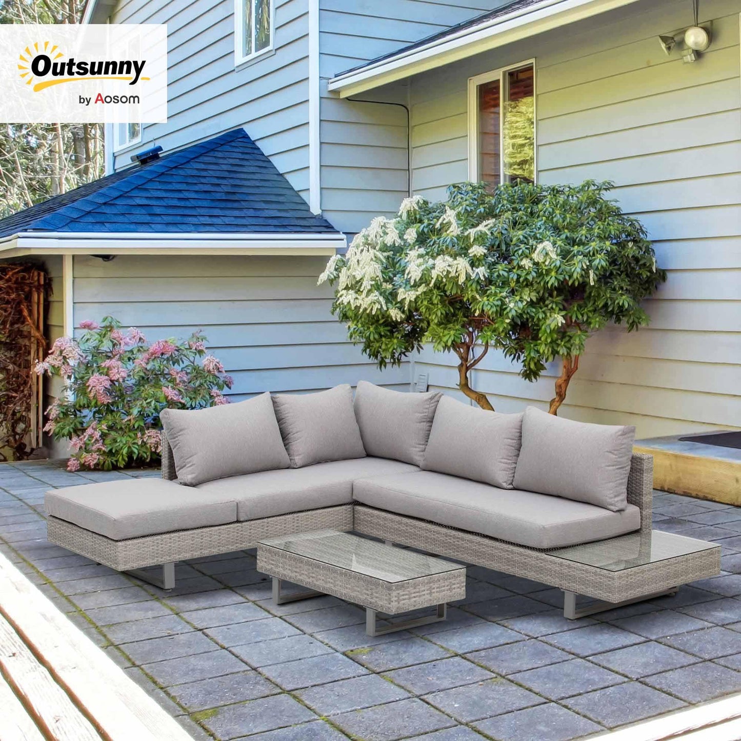 Outsunny Conjunto de Muebles Ratán de 3 Piezas Mesa de Centro Sofá Doble y Sofá de 3 Plazas con Cojines Extraíbles para Exterior Jardín Terraza Patio Acero Gris