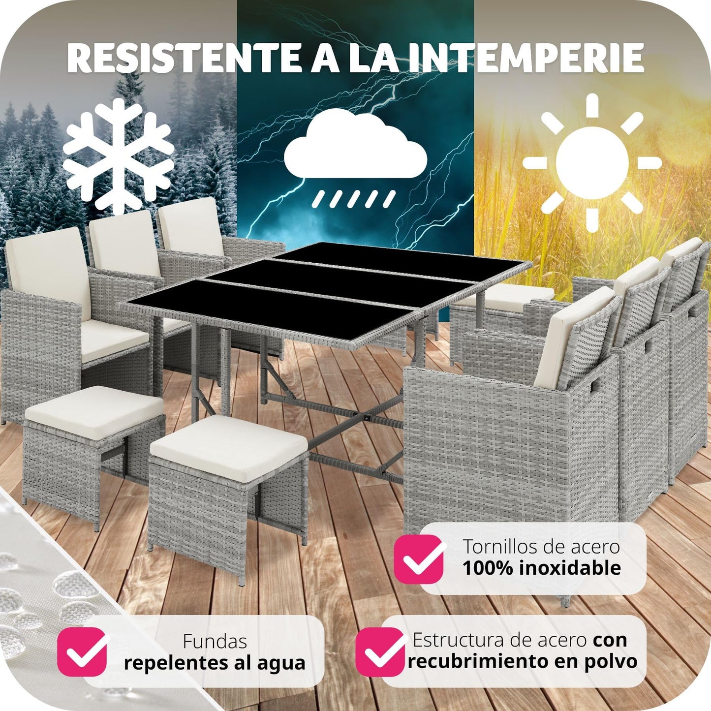 TecTake® Conjunto Jardín Exterior de Ratán y Acero, Agrupable en Cubo, Muebles Jardín Exterior Resistente a la Intemperie, para 6-10 Personas, Fundas Extraíbles y Funda Protectora - Gris Claro
