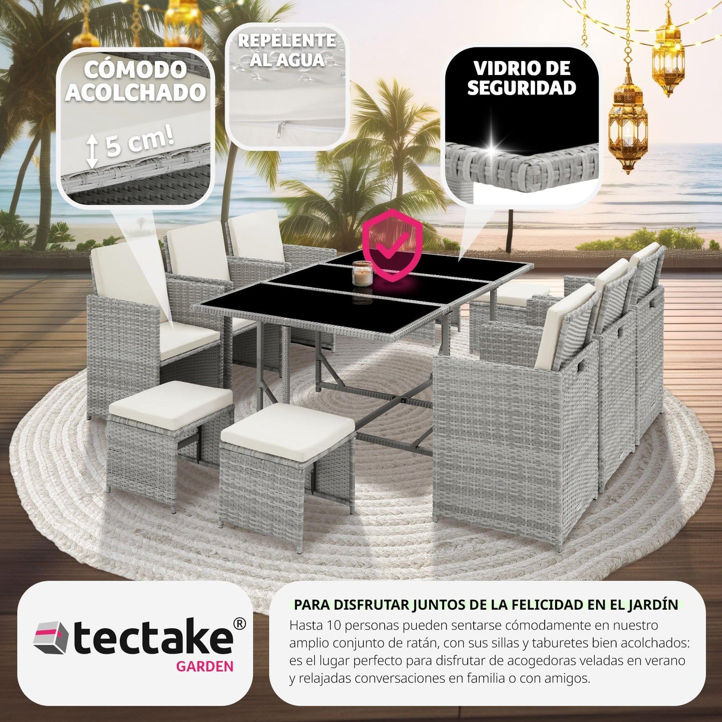 TecTake® Conjunto Jardín Exterior de Ratán y Acero, Agrupable en Cubo, Muebles Jardín Exterior Resistente a la Intemperie, para 6-10 Personas, Fundas Extraíbles y Funda Protectora - Gris Claro