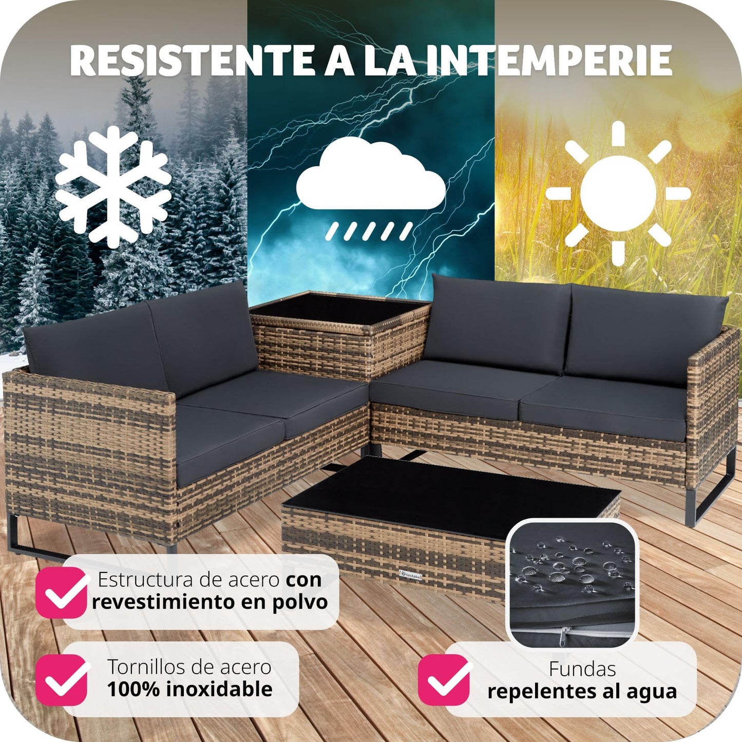 tectake® Conjunto Jardín de Ratán con Cojines Gruesos, Muebles Jardín Exterior 2 Sofás, 1 Mesa Cristal, 1 Caja Almacenamiento, Conjunto Terraza Resistente a la Intemperie, Estructura Acero - natural