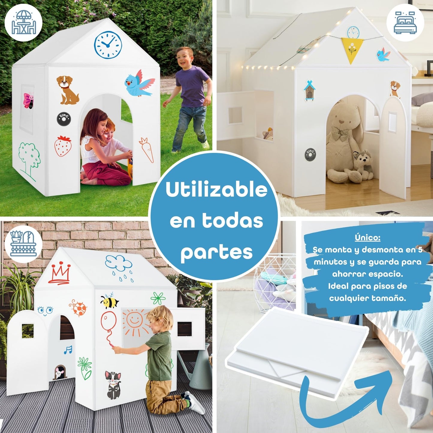 ImagiNew Playhome - Casita Infantil Exterior y Interior para Pintar y borrar - Jardin - Casa Montessori Juguetes niños 3- 7 años Tipi Juegos Realo niña y niño