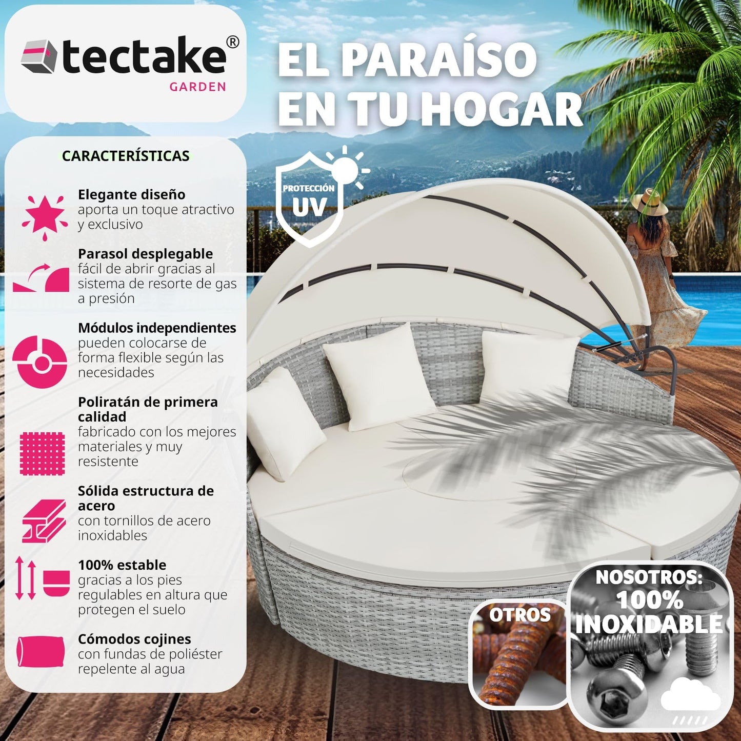 TecTake® Isla de Ratán con Cojines, Conjunto Jardín con Toldo Corredizo Plegable, Muebles Jardín Exterior con Estructura en Acero y Resistente a la Intemperie, Conjunto Terraza Combinable - Gris Claro