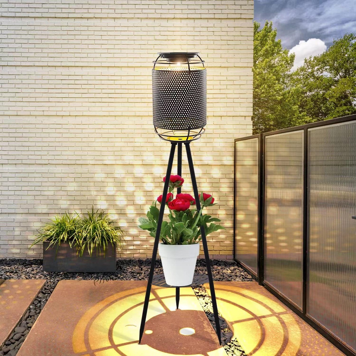 JJALIGHTS Lámpara solar de pie con tres patas, resistente al agua, LED, para patio, cubierta, césped, patio, jardín, camino (negro)