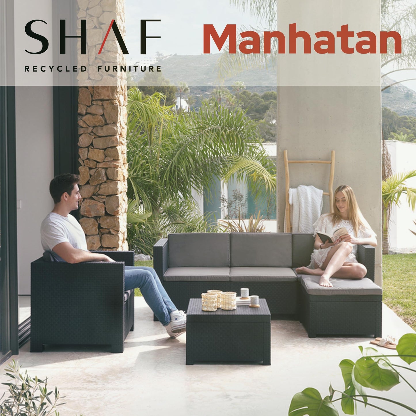SP Berner - Set de Muebles de Jardín y Terraza Manhattan Color Grafito - Sofá 3 Plazas, 2 Sillones, 1 Puf y Mesa de Centro - Fabricado en España con Plástico Reciclado