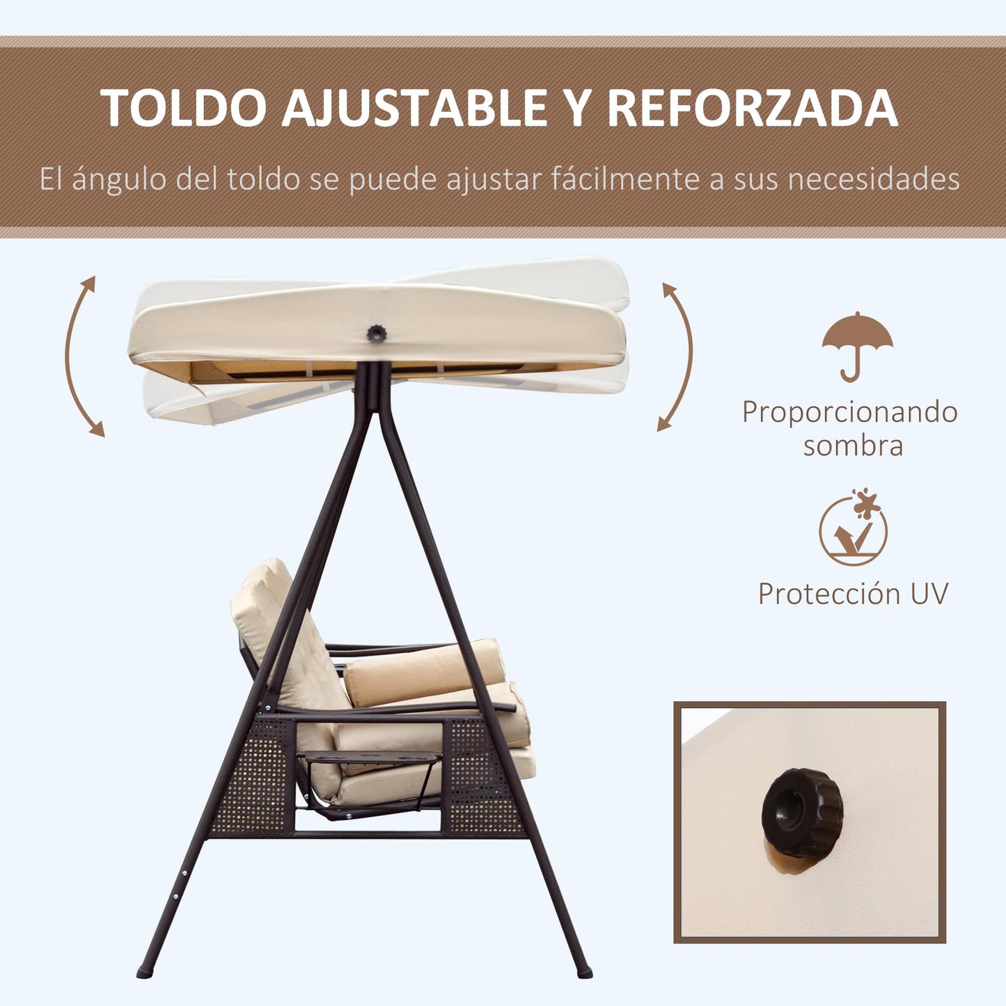 Outsunny Columpio Balancín de Jardín de 3 Plazas con Techo Parasol 2 Cojines Bandeja para Bebidas y Marco de Metal para Terraza Balcón Exterior Carga MAX. 360 kg 207x120,5x174 cm Beige