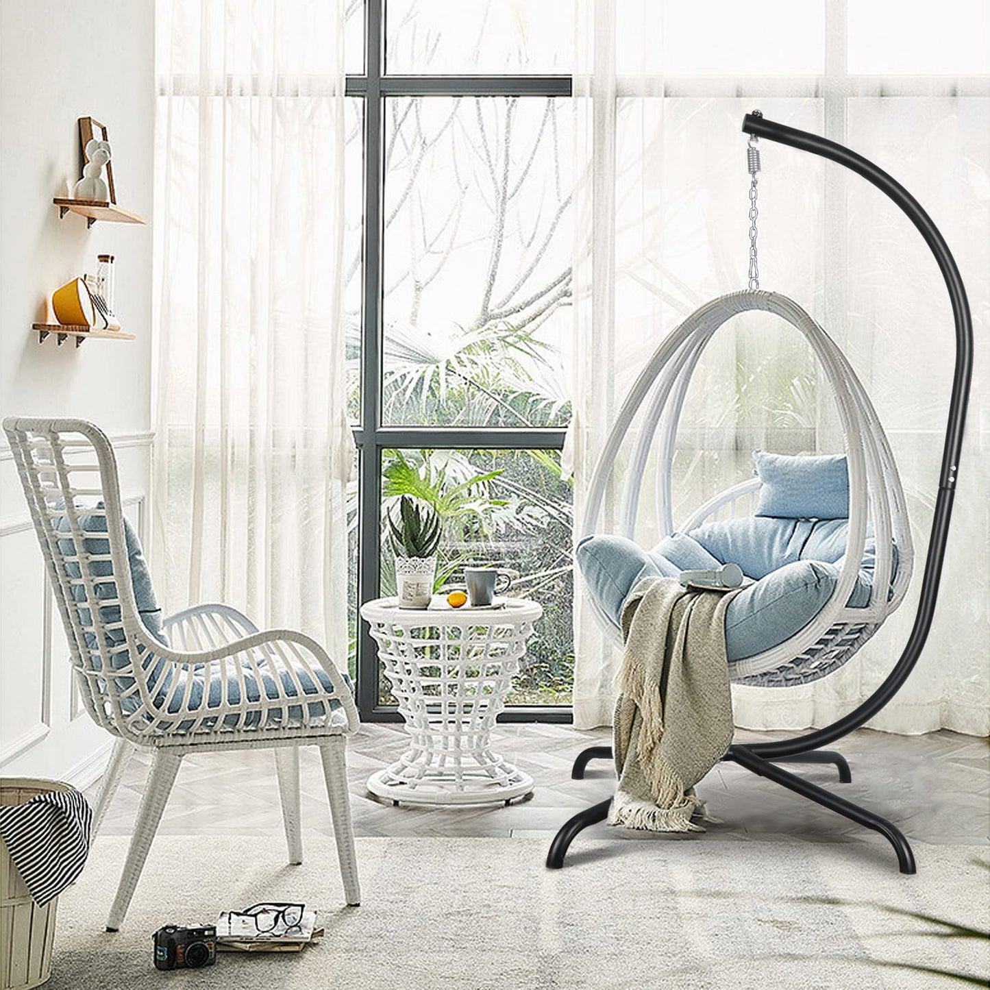 Soporte para Silla de Huevo Colgante, Marco de Silla de Hierro Resistente con Base Estable y Gancho de Resorte, Soporte Resistente de 330 Libras, Soporte para balcón, Patio, jardín al Aire Libre