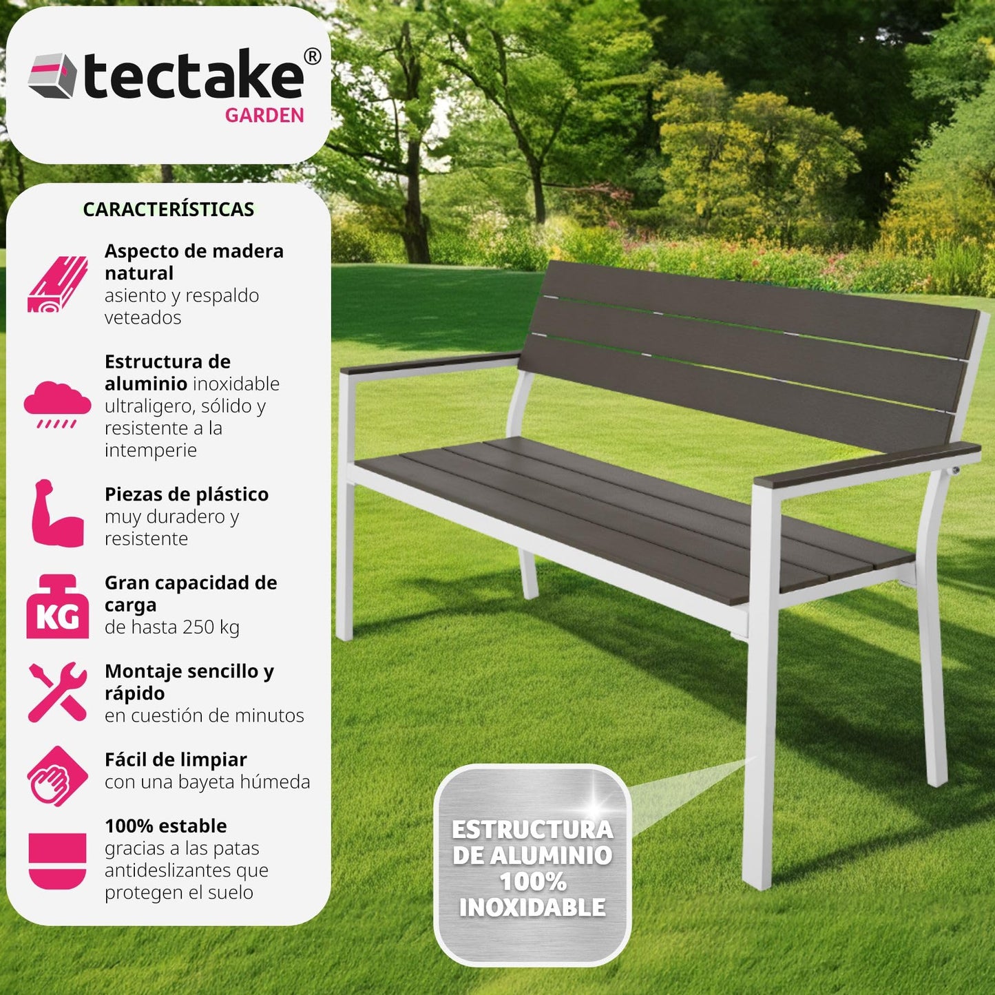 TecTake® Banco de Jardín Moderno para Dos Personas, Estructura de Aluminio Resistente, Banco Jardin, Asiento de Poliestireno Efecto Madera, Ideal para Patio y Terraza Exterior - Oscuro/Blanco