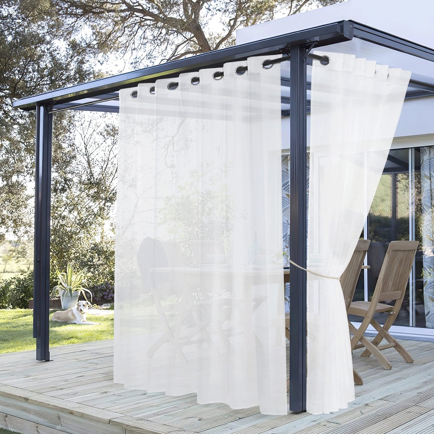 PONY DANCE Cortinas Pergola Exterior Grandes de Porche Cortina Blanca Transparente con Ojales Impermeable de Terraza Exterior, 1 Pieza, 254 x 213 cm (Ancho x Alto)