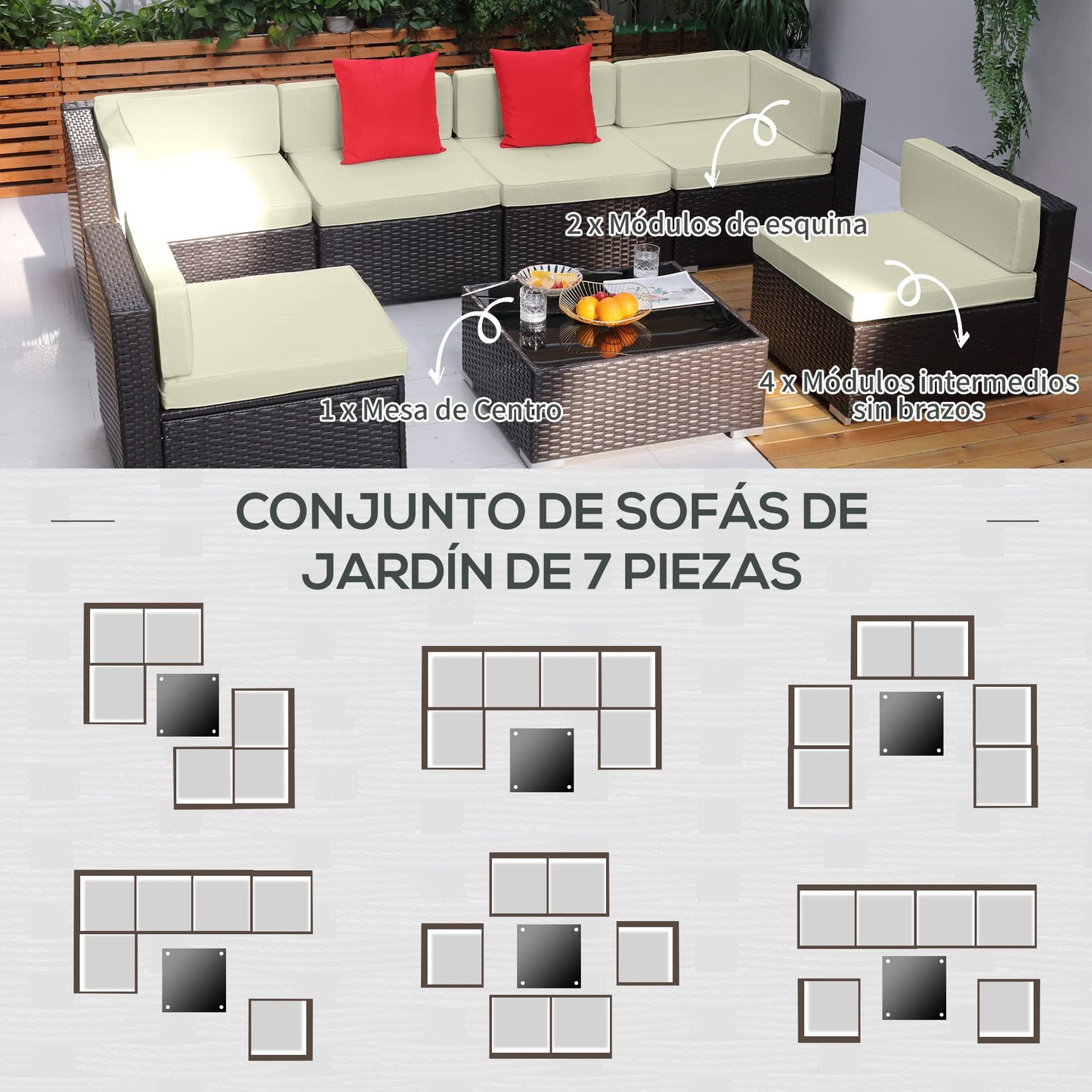 Outsunny Conjunto Muebles de Jardín Ratán 7 Piezas Set de Sofás Patio con 1 Mesita Almohada y Cojín Incluido Marco Acero Resistente Intemperie UV para Exterior Marrón