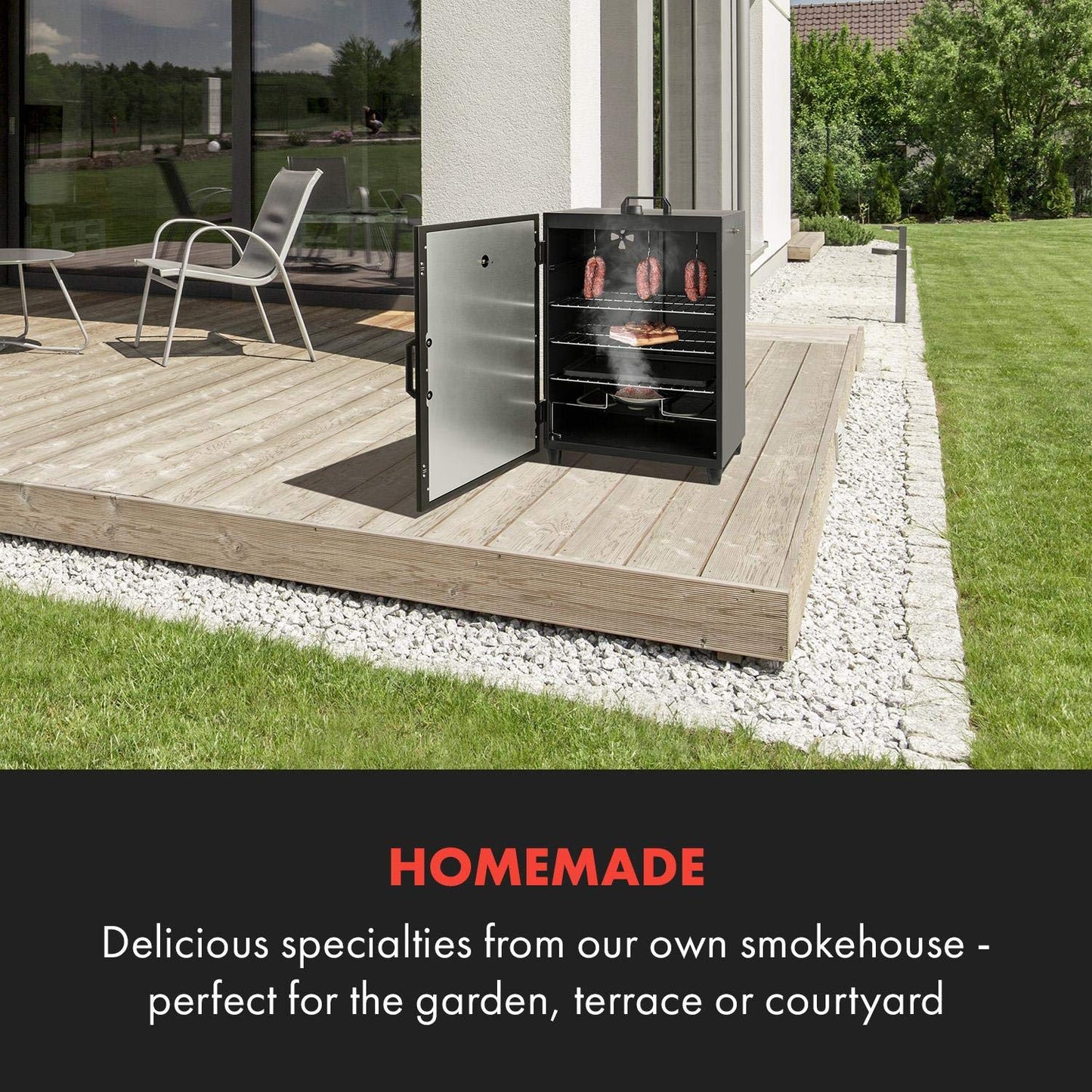 Klarstein Flintstone Steel - horno para ahumar, Ahumador, Acero inoxidable negro, 1600 W, Termostato regulable, Termómetro integrado, 3 parrillas, Doble puerta de acero inoxidable, Negro