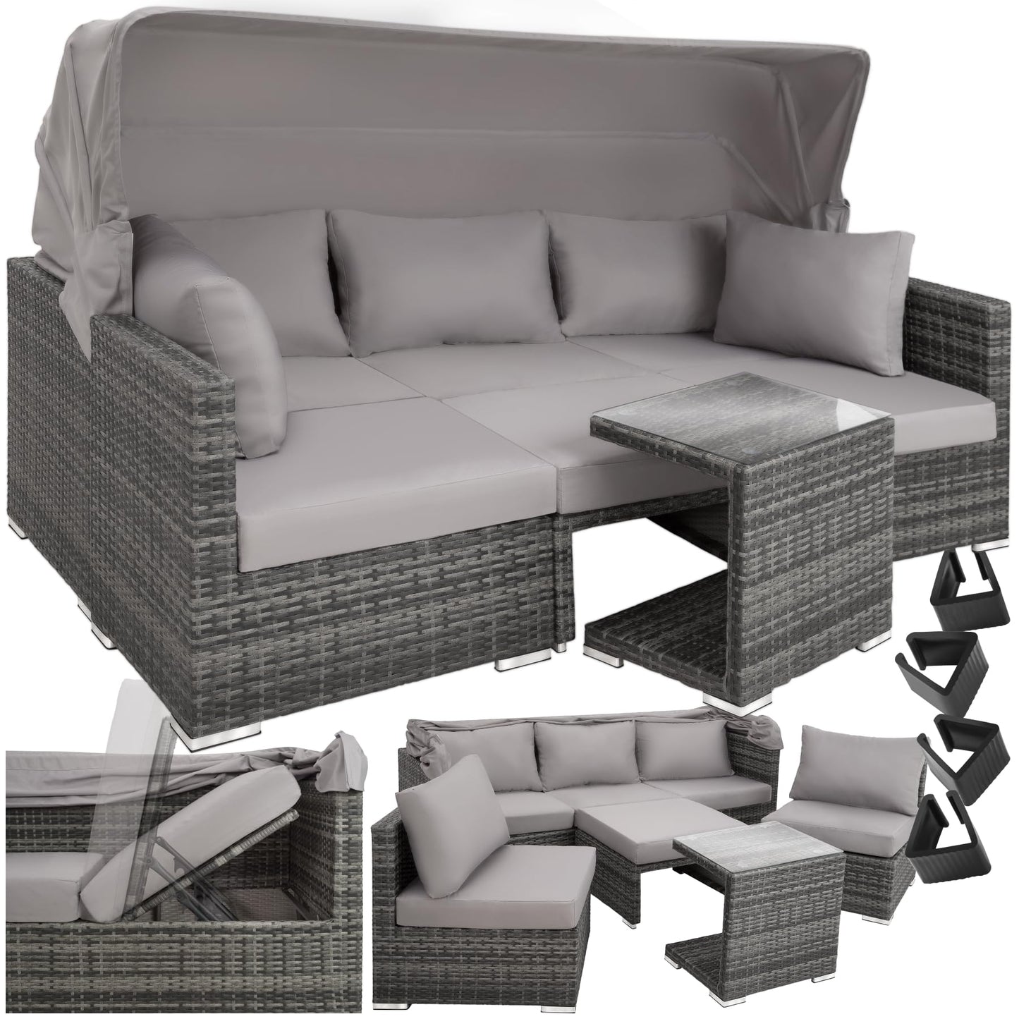 TecTake® Conjunto Jardín de Ratán con Cojines Grosor 10 cm, Muebles Jardín Exterior 2 Sofás, 2 Sillones, 1 Taburete, Conjunto Terraza Resistente a la Intemperie, Respaldo Ajustable, Sin Montaje - Gris