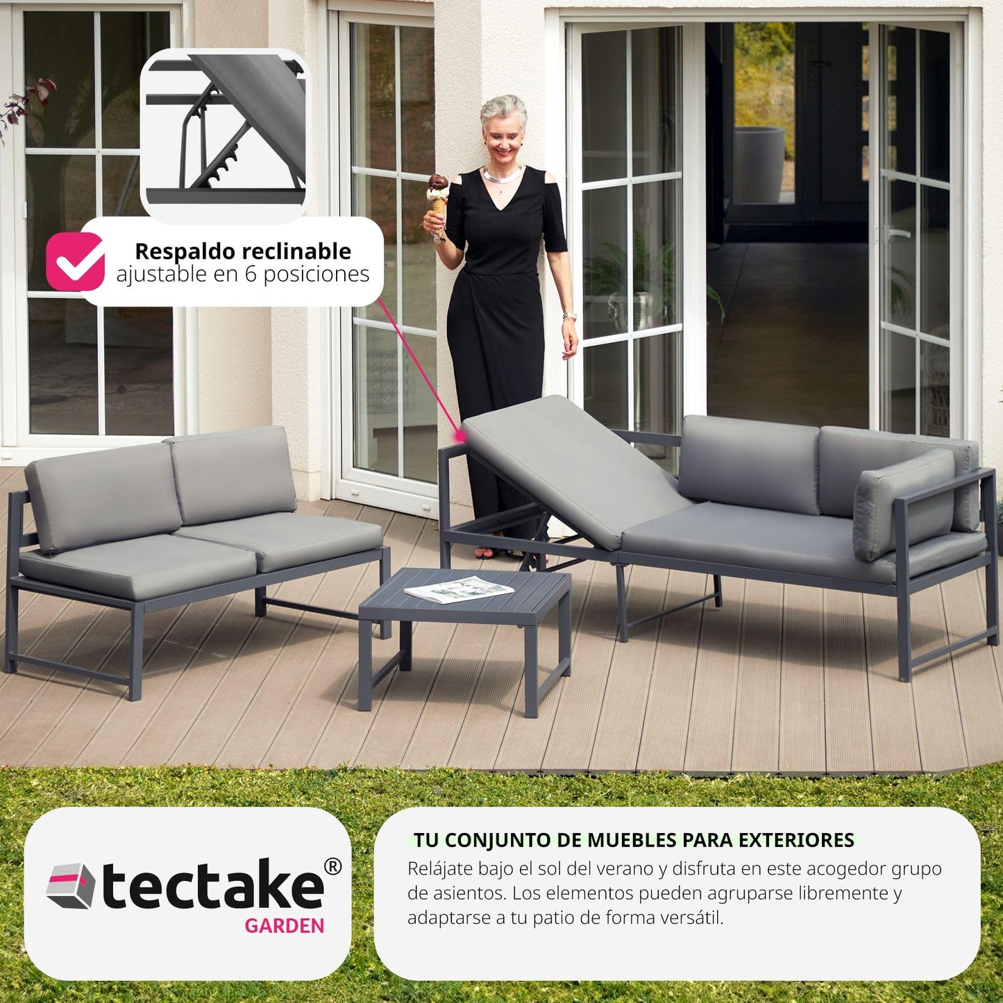 tectake® Conjunto Muebles Jardín Exterior Agrupables, 2 Sofás Reclinables con Cojines y 1 Mesa, Mesa y Sillas Terraza Impermeables y Resistentes a Intemperie, Estructura de Aluminio - Mesa con Láminas