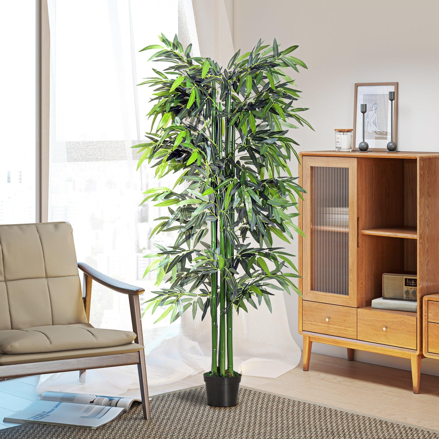 Outsunny Bambú Artificial 180 cm con Cañas Naturales Planta Artificial con Maceta Árbol Decorativo para Hogar Salón Oficina Verde