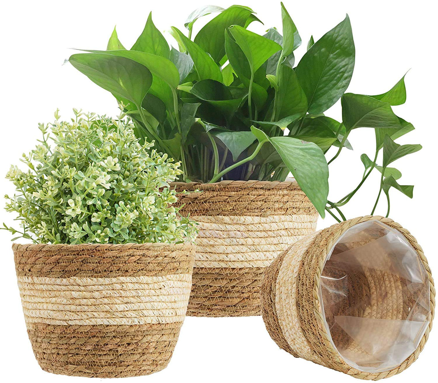 KAHEIGN 3 Piezas Pastos Marinos Cesta De Macetero, 3 Tamaño Tejido Maceta Bajo Techo Exteriores - Macetas Cubrir Cesta De Almacenamiento Contenedores De Plantas para La Decoración del Hogar (Beige)