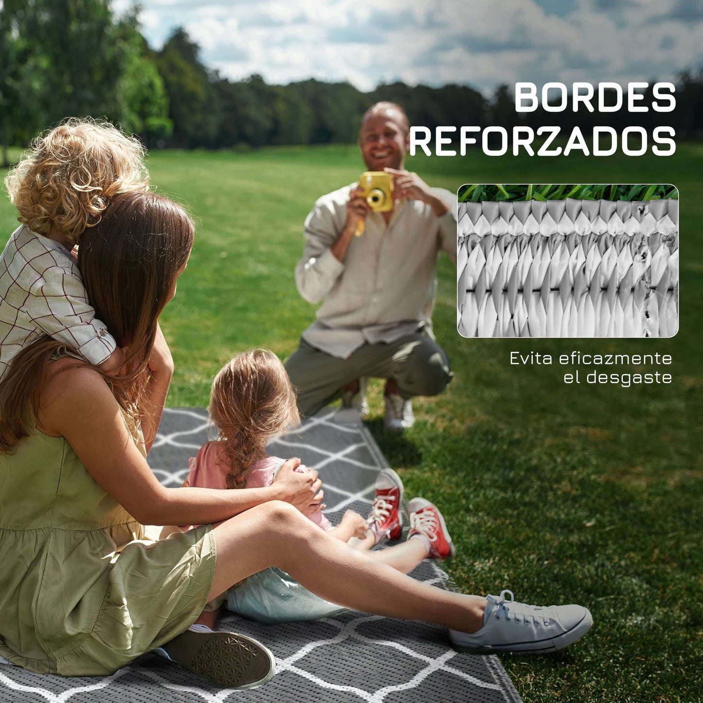 Outsunny Alfombra Exterior 182x274 cm Alfombra Moderna Alfombra Reversible de Plástico Impermeable para Terraza Balcón Patio Camping Playa Gris y Blanco
