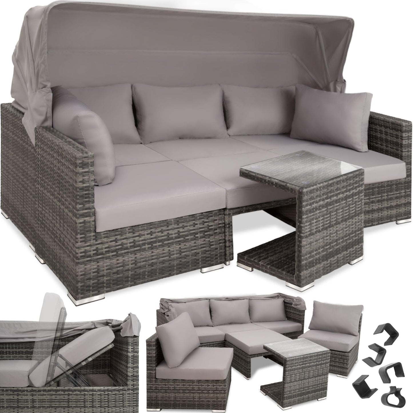 TecTake® Conjunto Jardín de Ratán con Cojines Grosor 10 cm, Muebles Jardín Exterior 2 Sofás, 2 Sillones, 1 Taburete, Conjunto Terraza Resistente a la Intemperie, Respaldo Ajustable, Sin Montaje - Gris