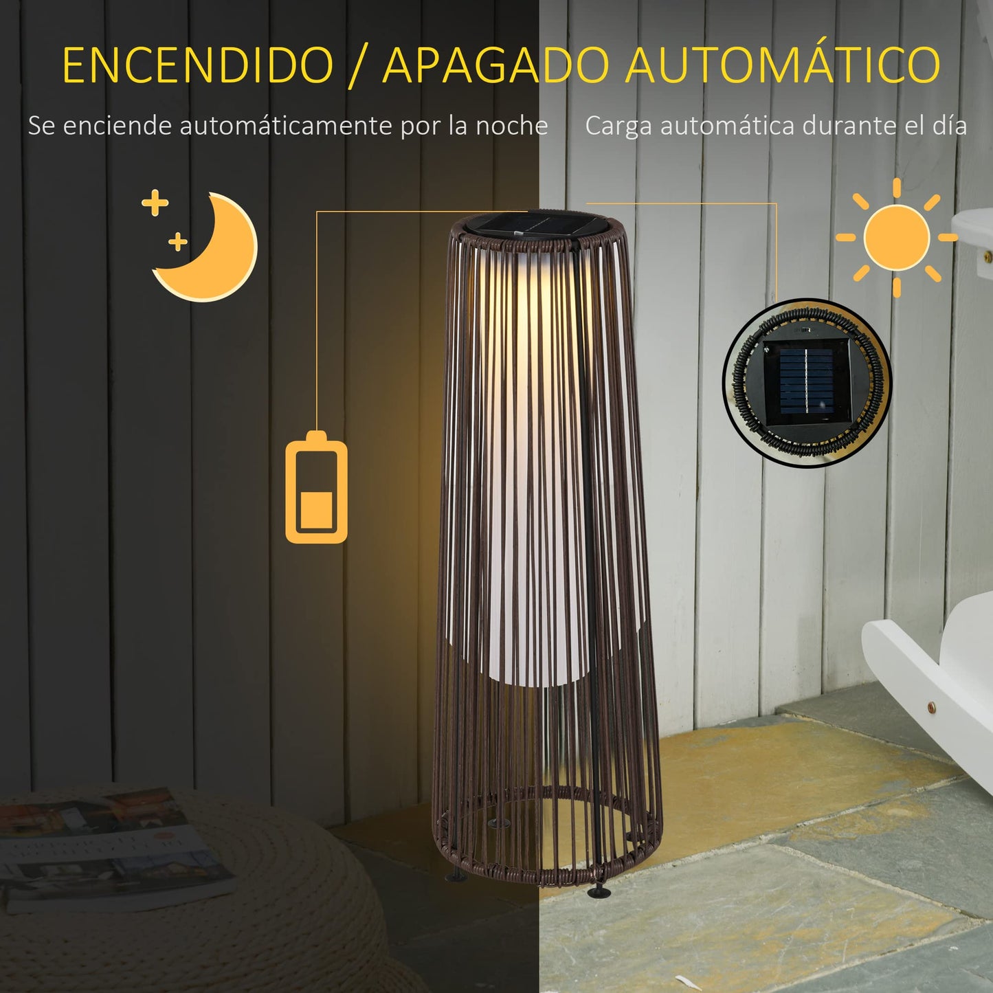 Outsunny Lámpara de Pie de Mimbre Ratán de Energía Solar con LED 0,8 W Interruptor de Control de Luz Automático Decoración para Exterior Ø21,5x61 cm Marrón